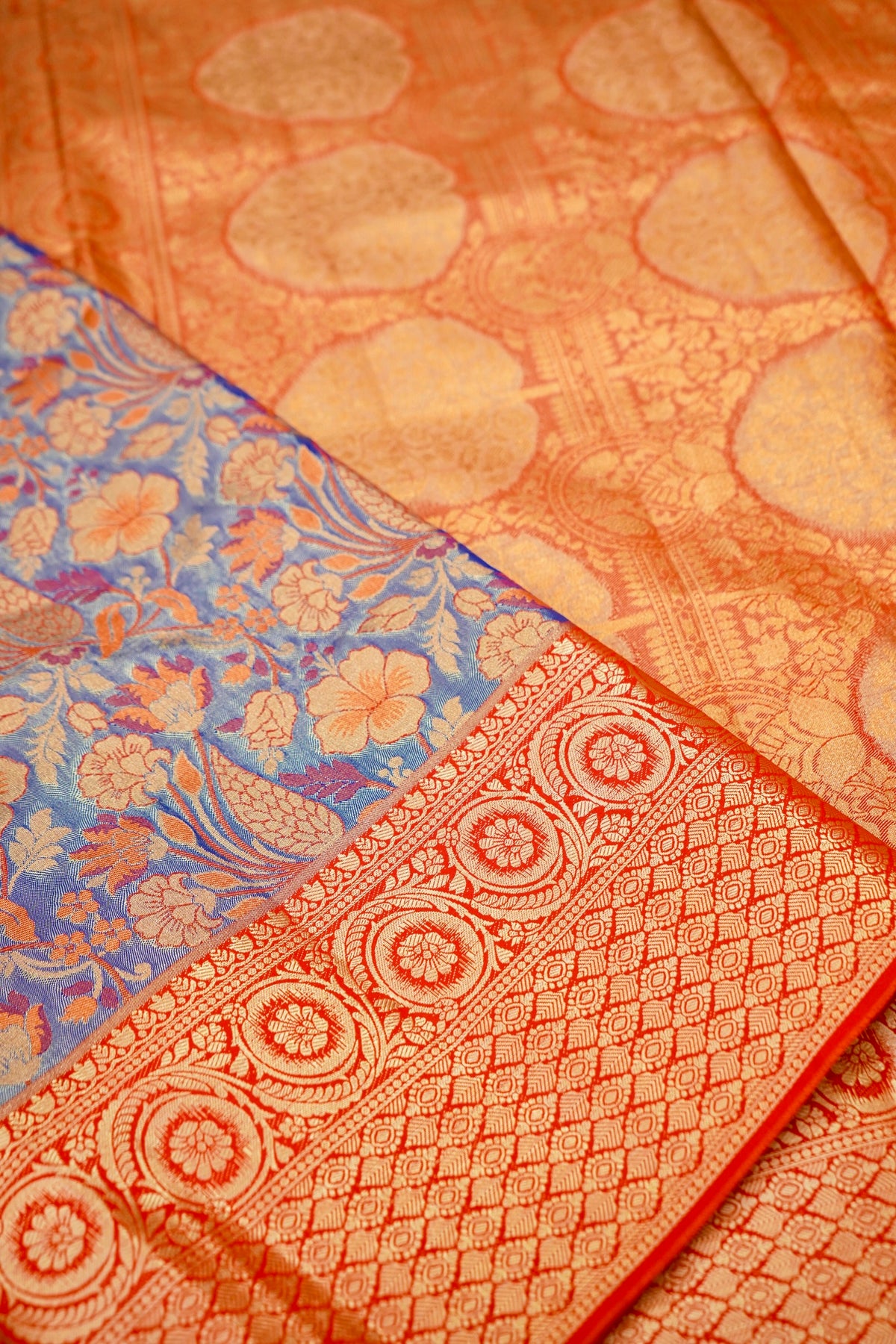 Sharvi - Coral Red and Powder Blue Dharmavaram Silk Saree