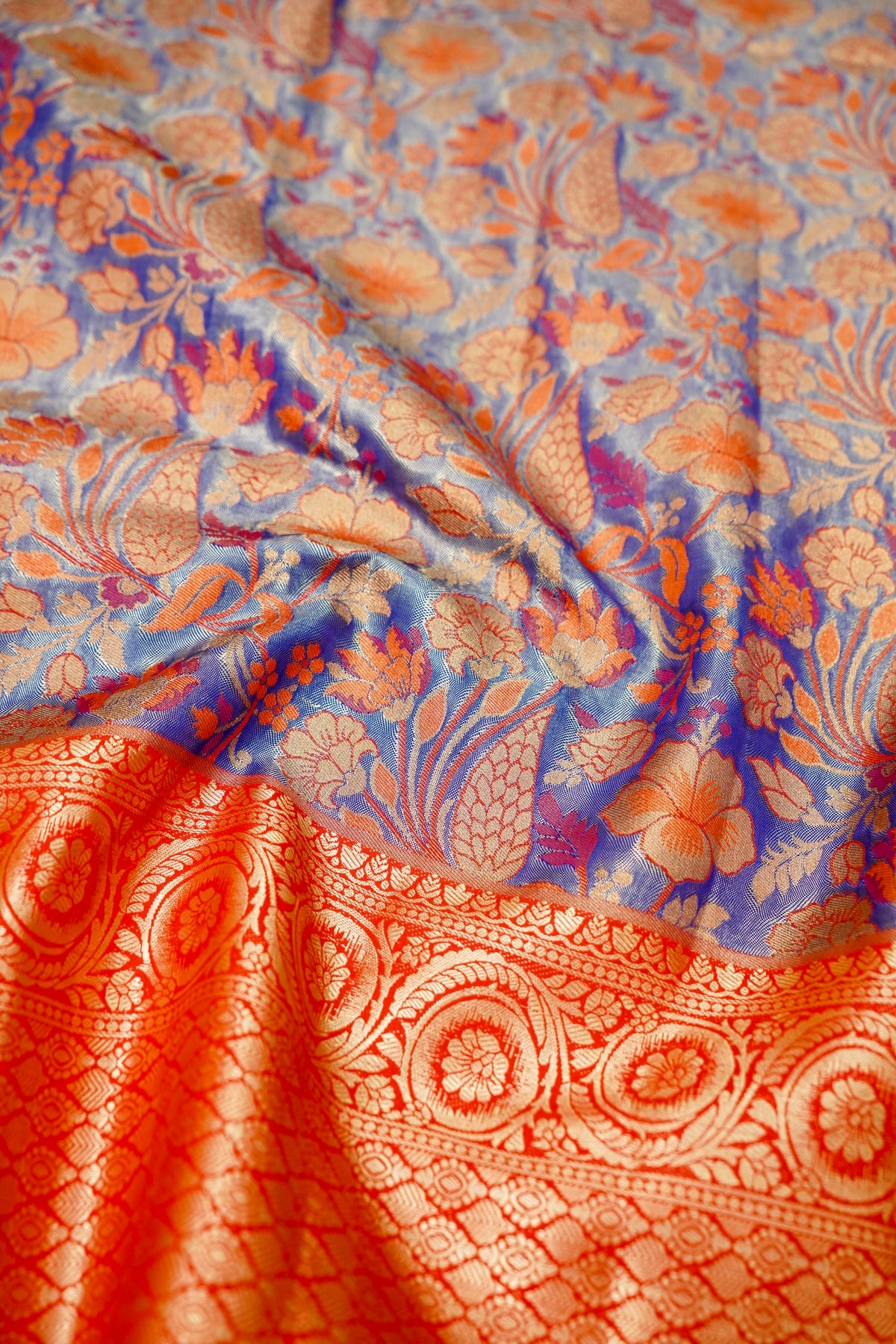 Sharvi - Coral Red and Powder Blue Dharmavaram Silk Saree
