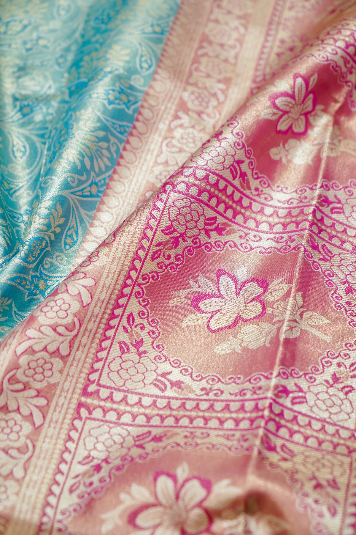 Devyani - Aqua Blue Kanchi Pattu Silk Saree with Rani Pink Korvai Border