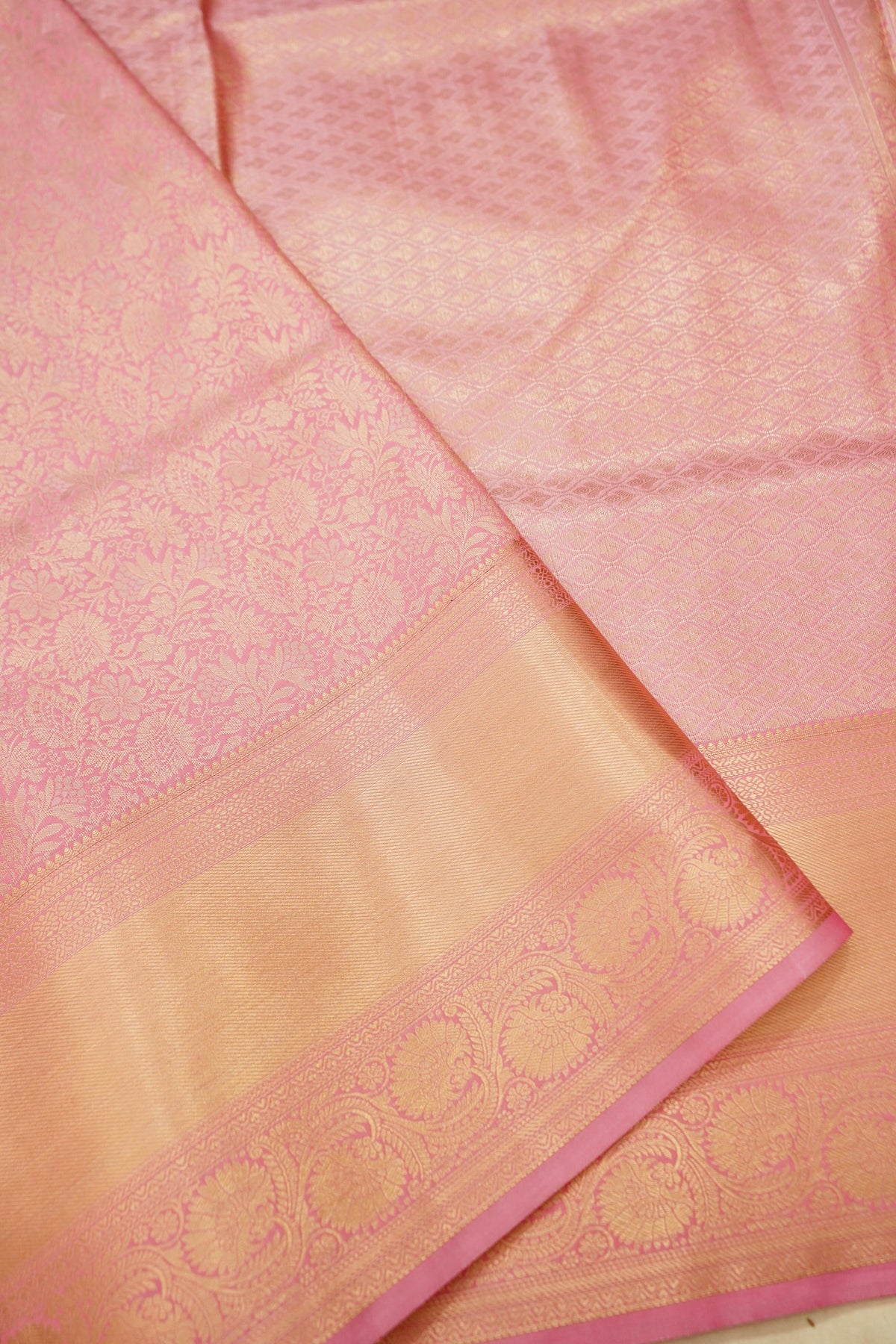 Devyani - Baby Pink Kanchi Pattu Silk Saree with Peach Border