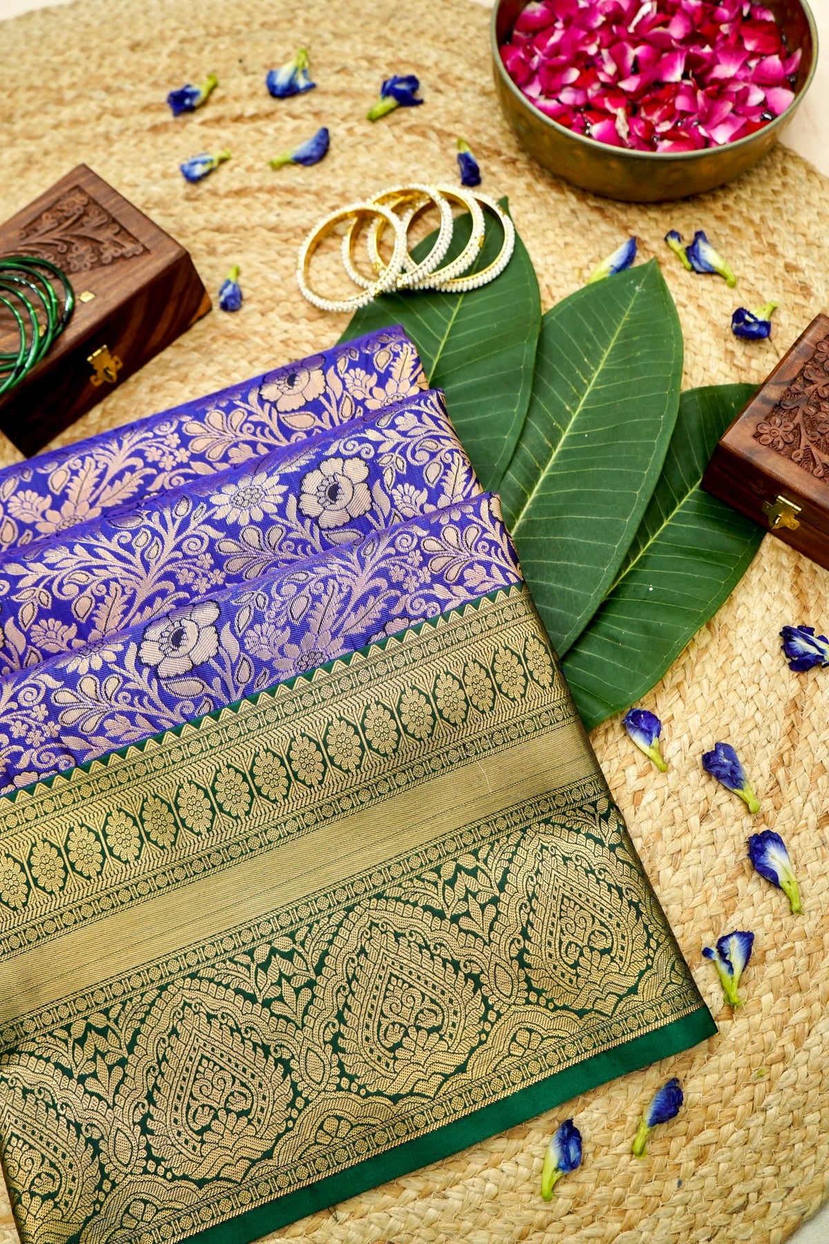 Devyani - Royal Blue Kanchi Pattu Silk Saree with Emerald Green Border