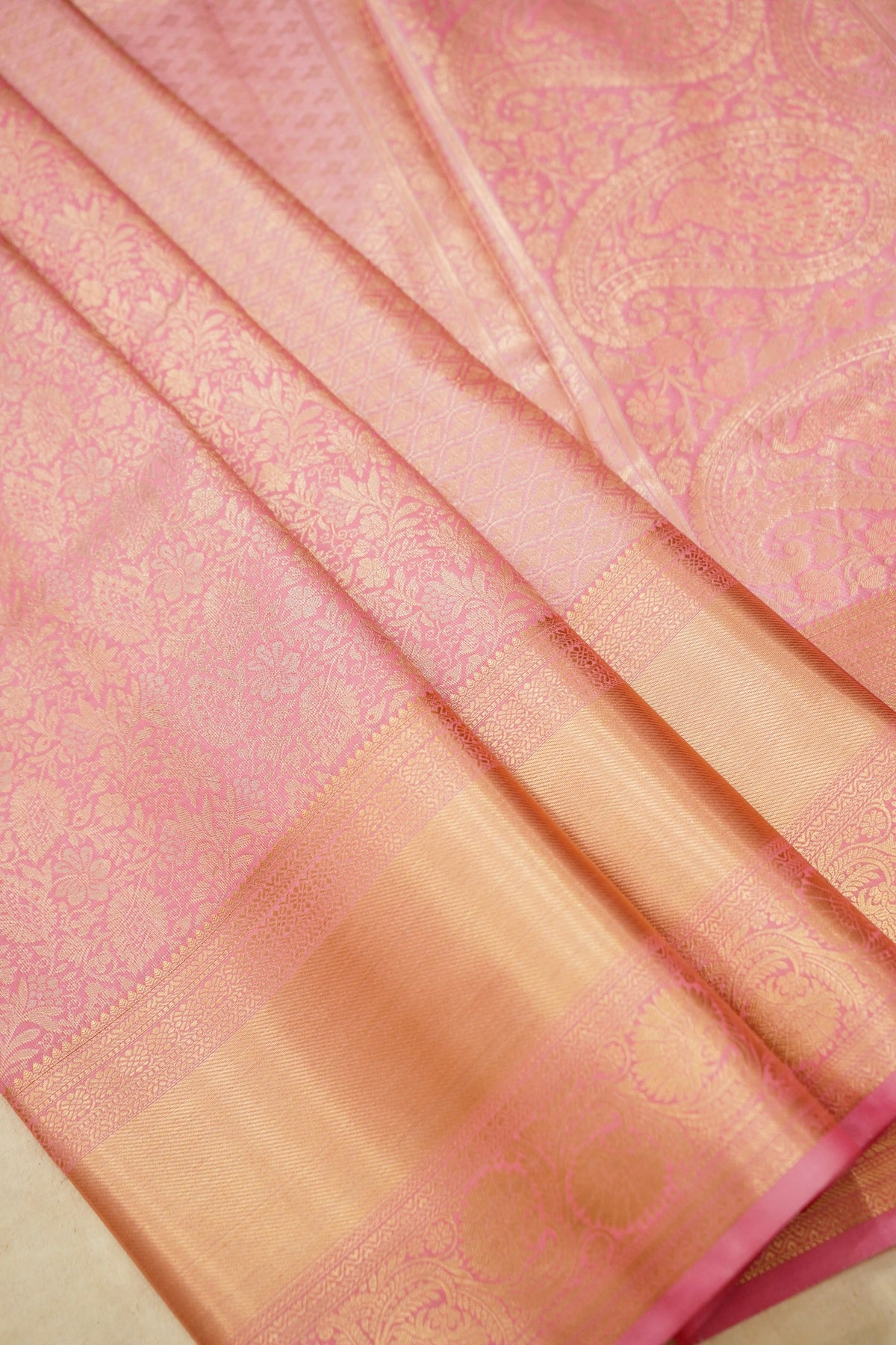 Devyani - Baby Pink Kanchi Pattu Silk Saree with Peach Border