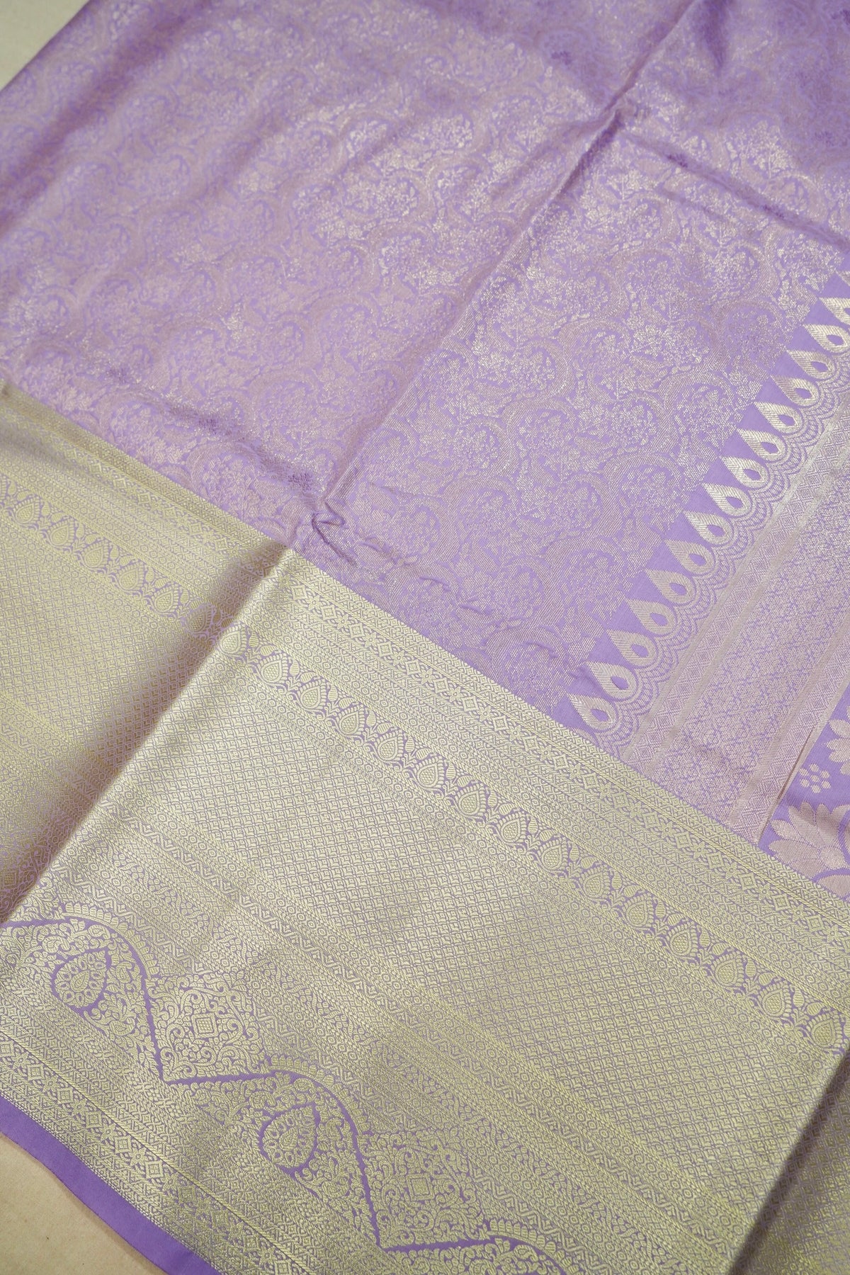 Devyani - Lavender Kanchi Pattu Silk Saree with Champagne Border