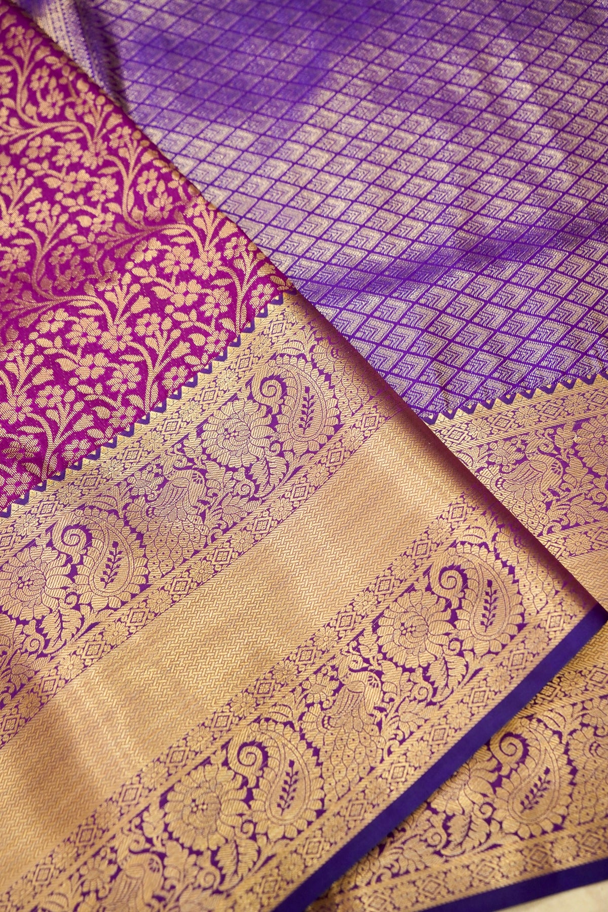 Devyani - Magenta Purple Kanchi Pattu Silk Saree with Gold Border