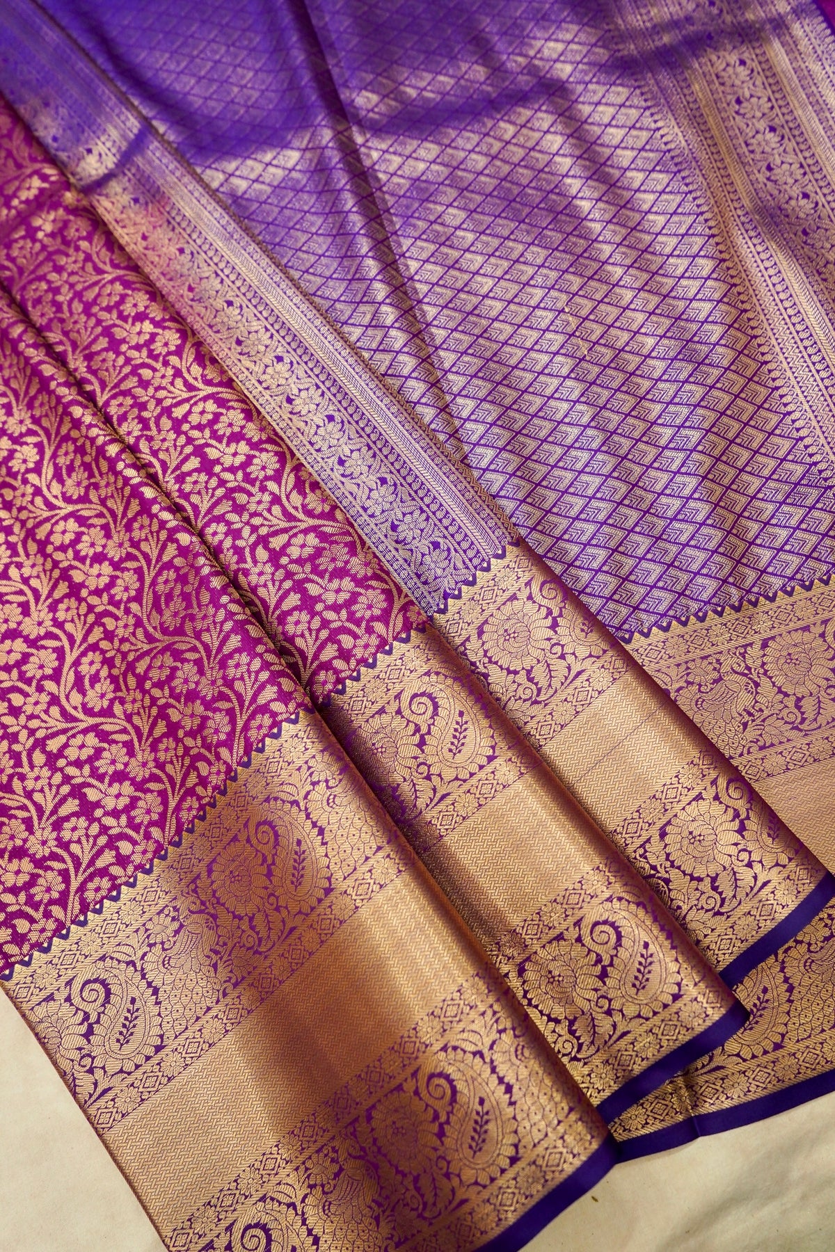 Devyani - Magenta Purple Kanchi Pattu Silk Saree with Gold Border
