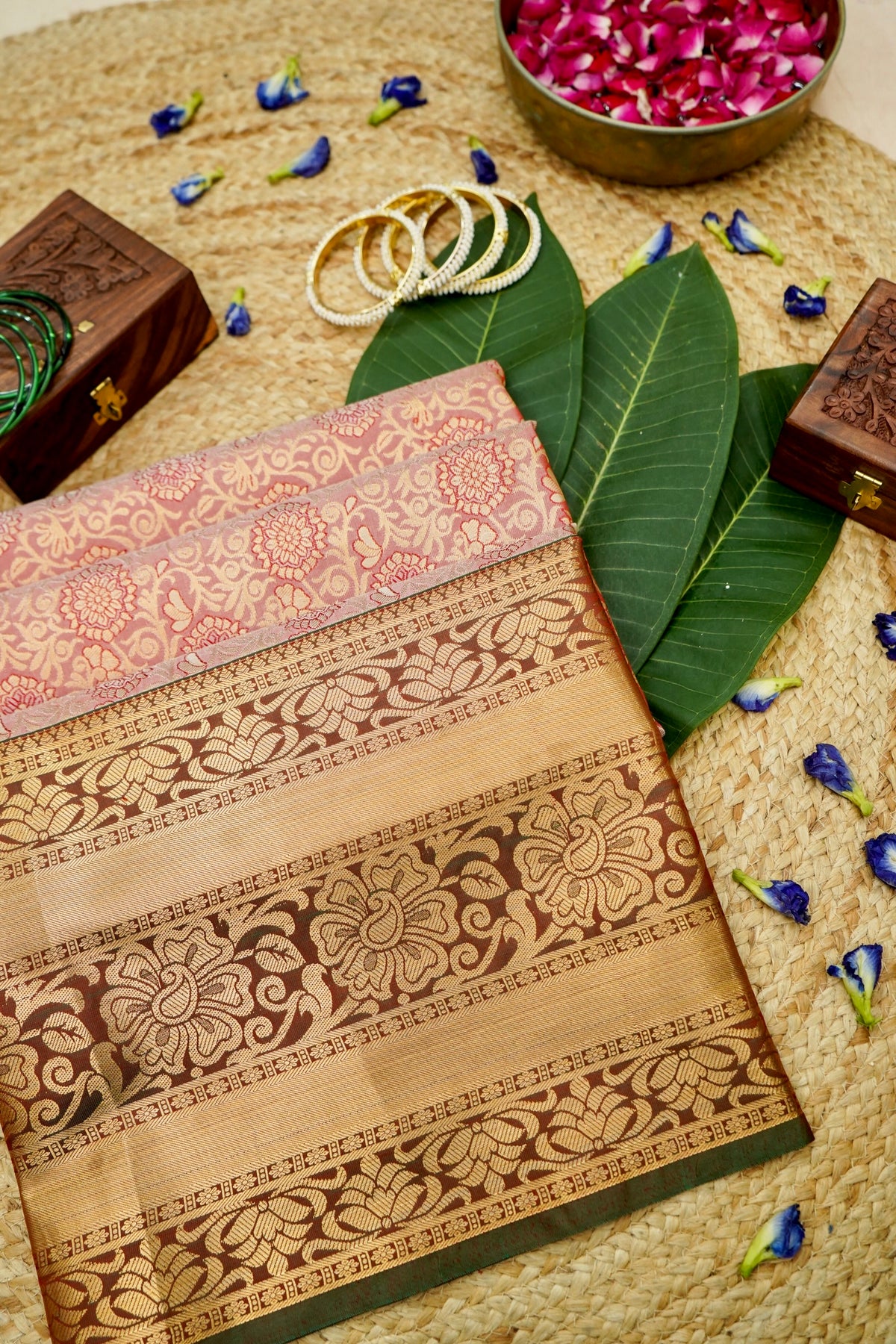 Devyani - Dusty Rose Kanchi Pattu Silk Saree with Antique Gold Border
