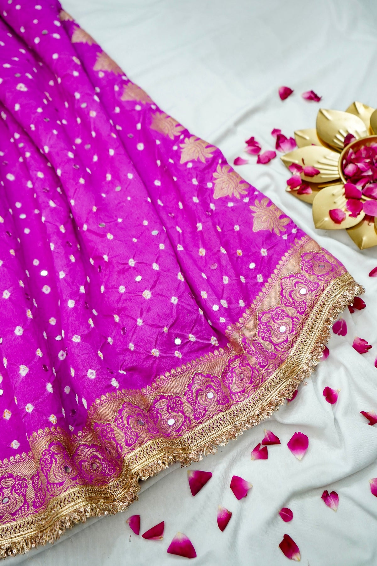 Kalash - Hot Pink Bandhani Dupion Silk Saree with Fringe Border