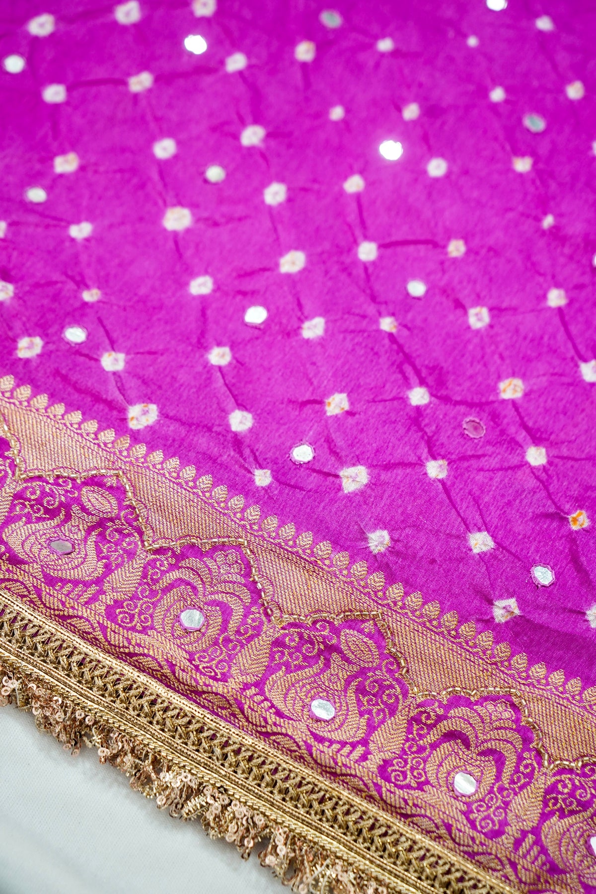 Kalash - Hot Pink Bandhani Dupion Silk Saree with Fringe Border