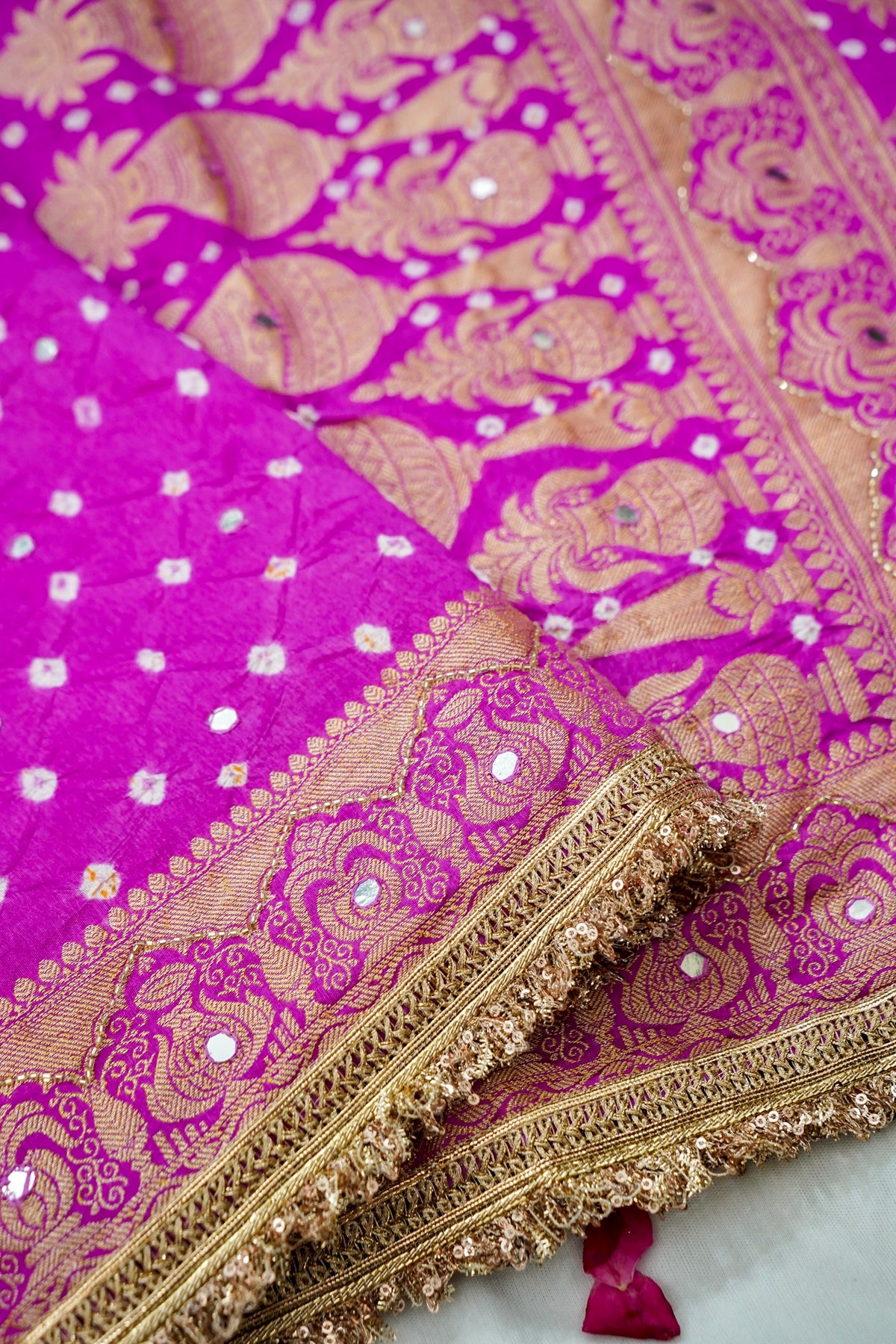 Kalash - Hot Pink Bandhani Dupion Silk Saree with Fringe Border