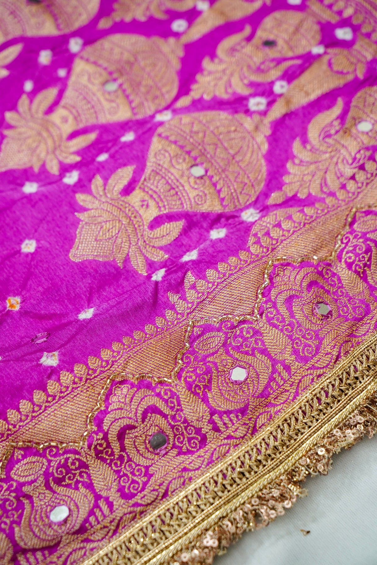 Kalash - Hot Pink Bandhani Dupion Silk Saree with Fringe Border