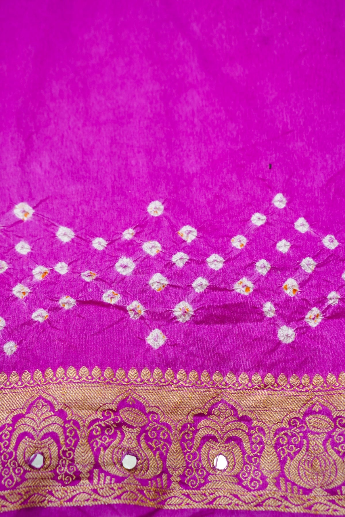 Kalash - Hot Pink Bandhani Dupion Silk Saree with Fringe Border