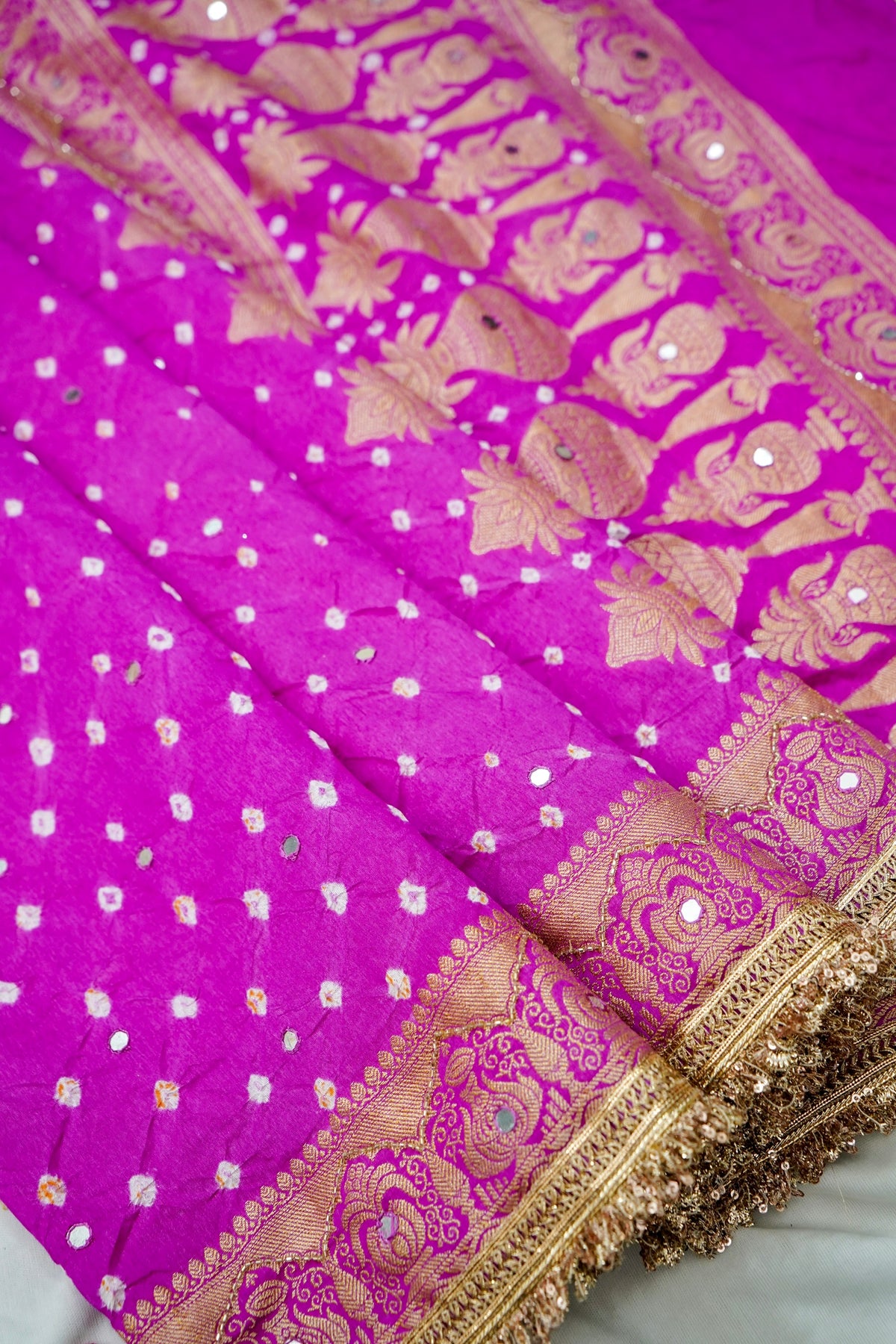 Kalash - Hot Pink Bandhani Dupion Silk Saree with Fringe Border