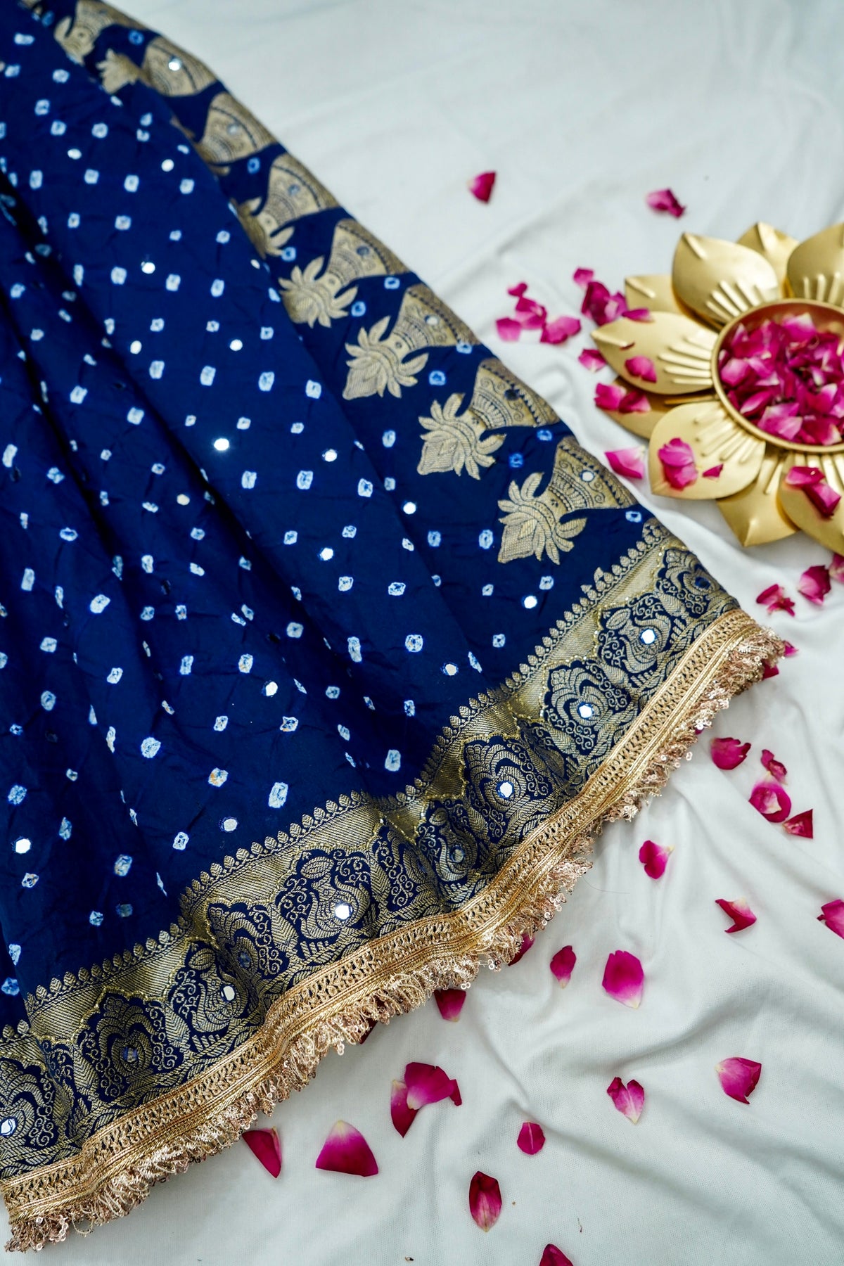 Kalash - Navy Blue Bandhani Dupion Silk Saree with Fringe Border