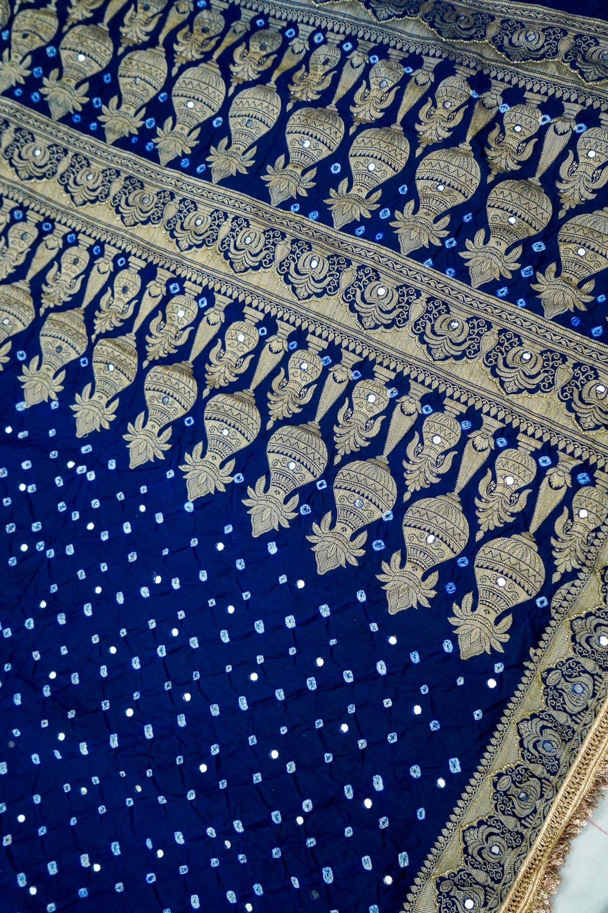 Kalash - Navy Blue Bandhani Dupion Silk Saree with Fringe Border