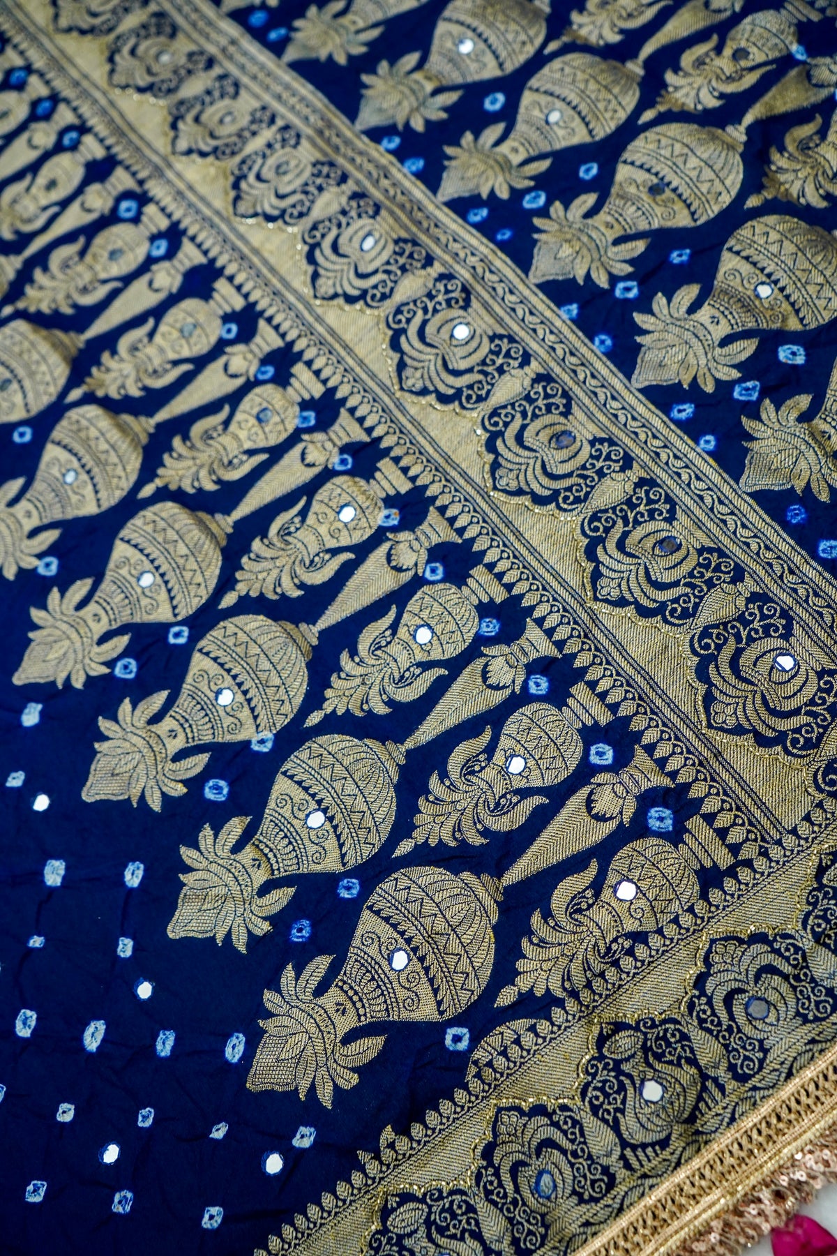 Kalash - Navy Blue Bandhani Dupion Silk Saree with Fringe Border