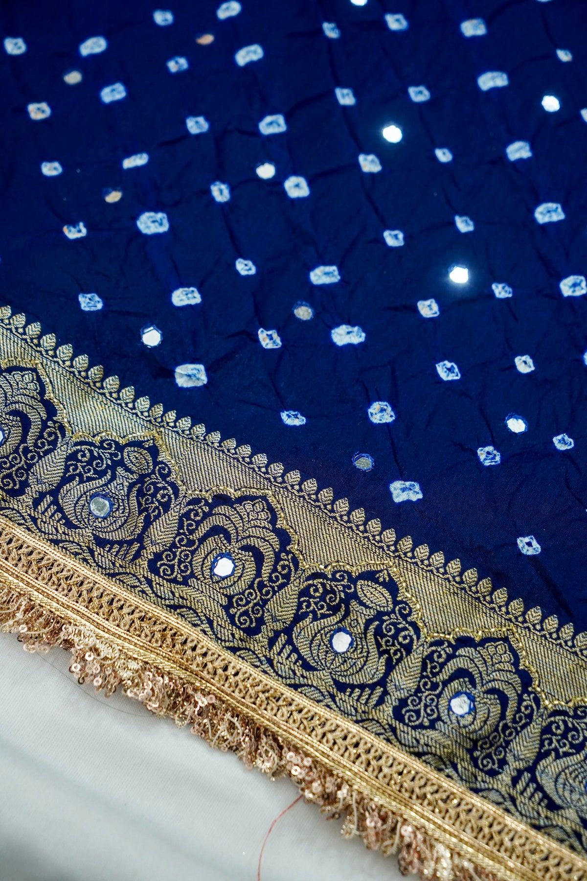 Kalash - Navy Blue Bandhani Dupion Silk Saree with Fringe Border