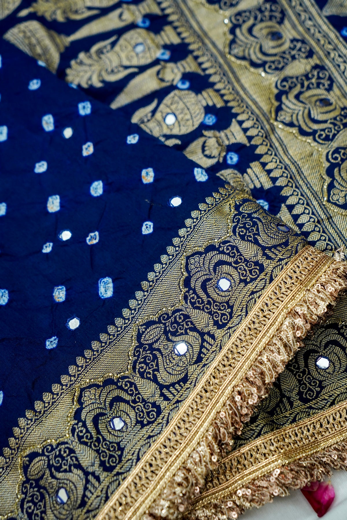 Kalash - Navy Blue Bandhani Dupion Silk Saree with Fringe Border