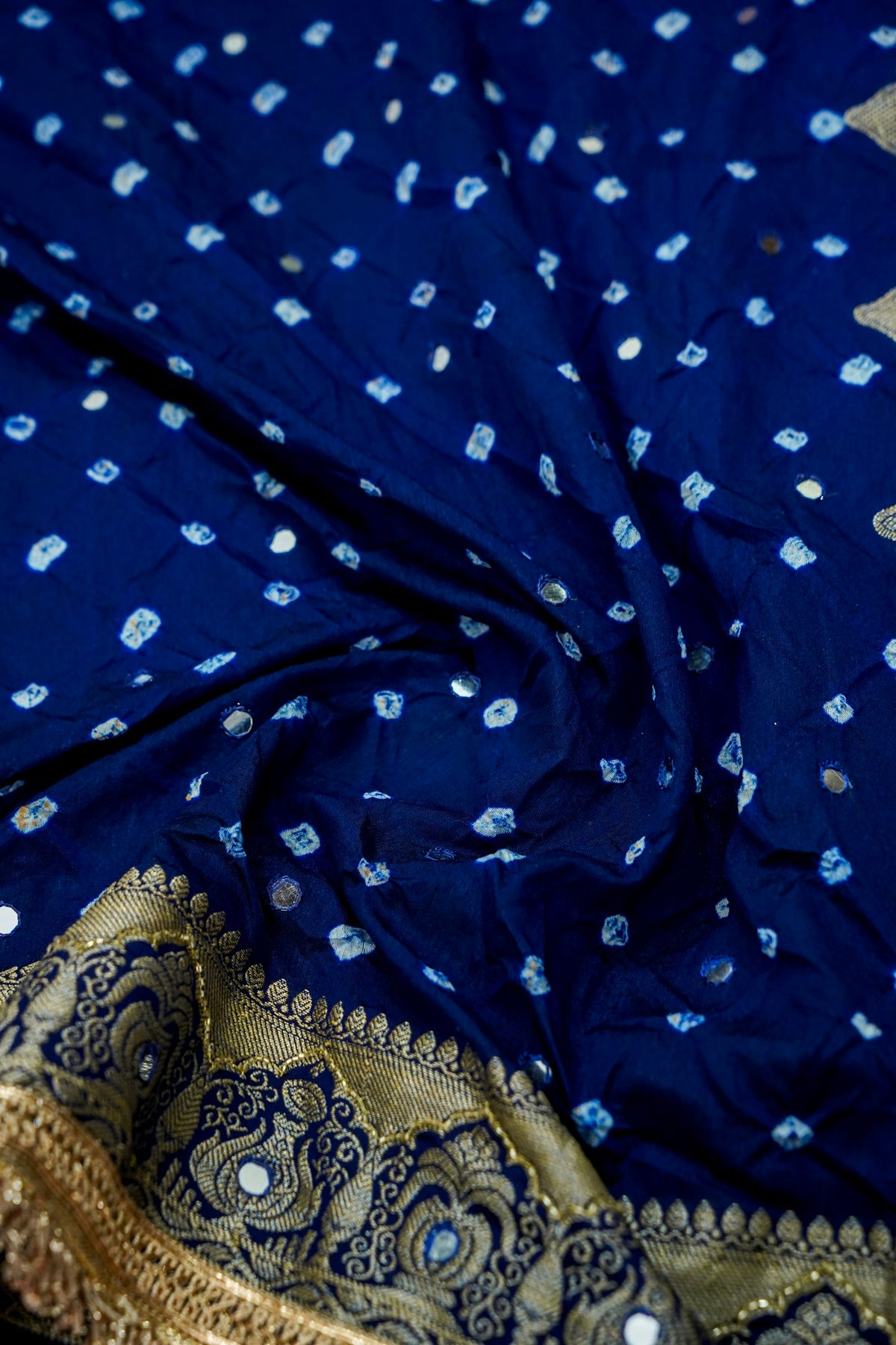 Kalash - Navy Blue Bandhani Dupion Silk Saree with Fringe Border