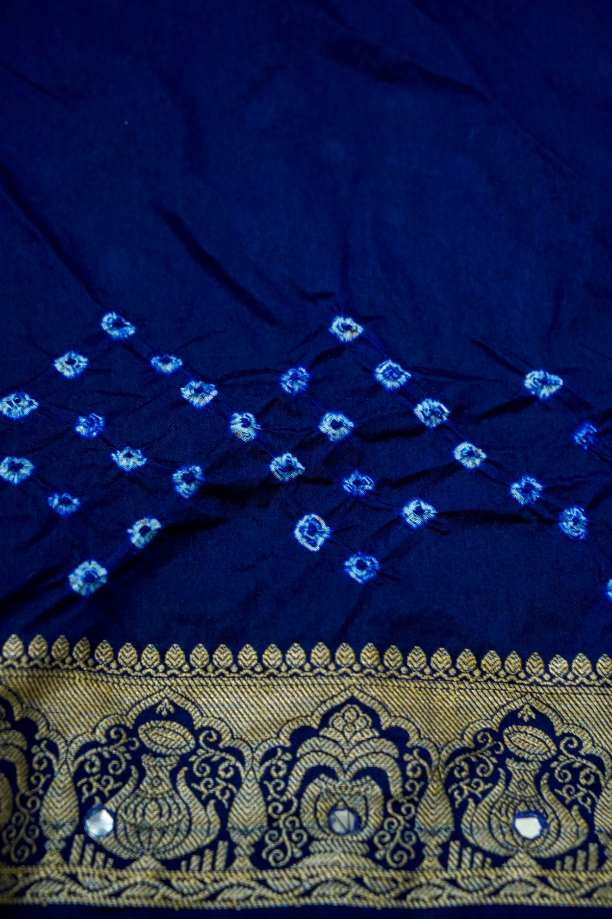 Kalash - Navy Blue Bandhani Dupion Silk Saree with Fringe Border