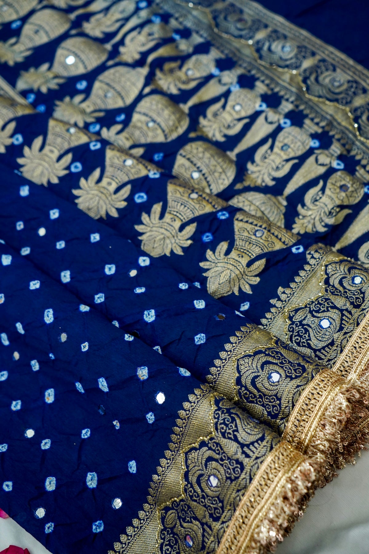 Kalash - Navy Blue Bandhani Dupion Silk Saree with Fringe Border