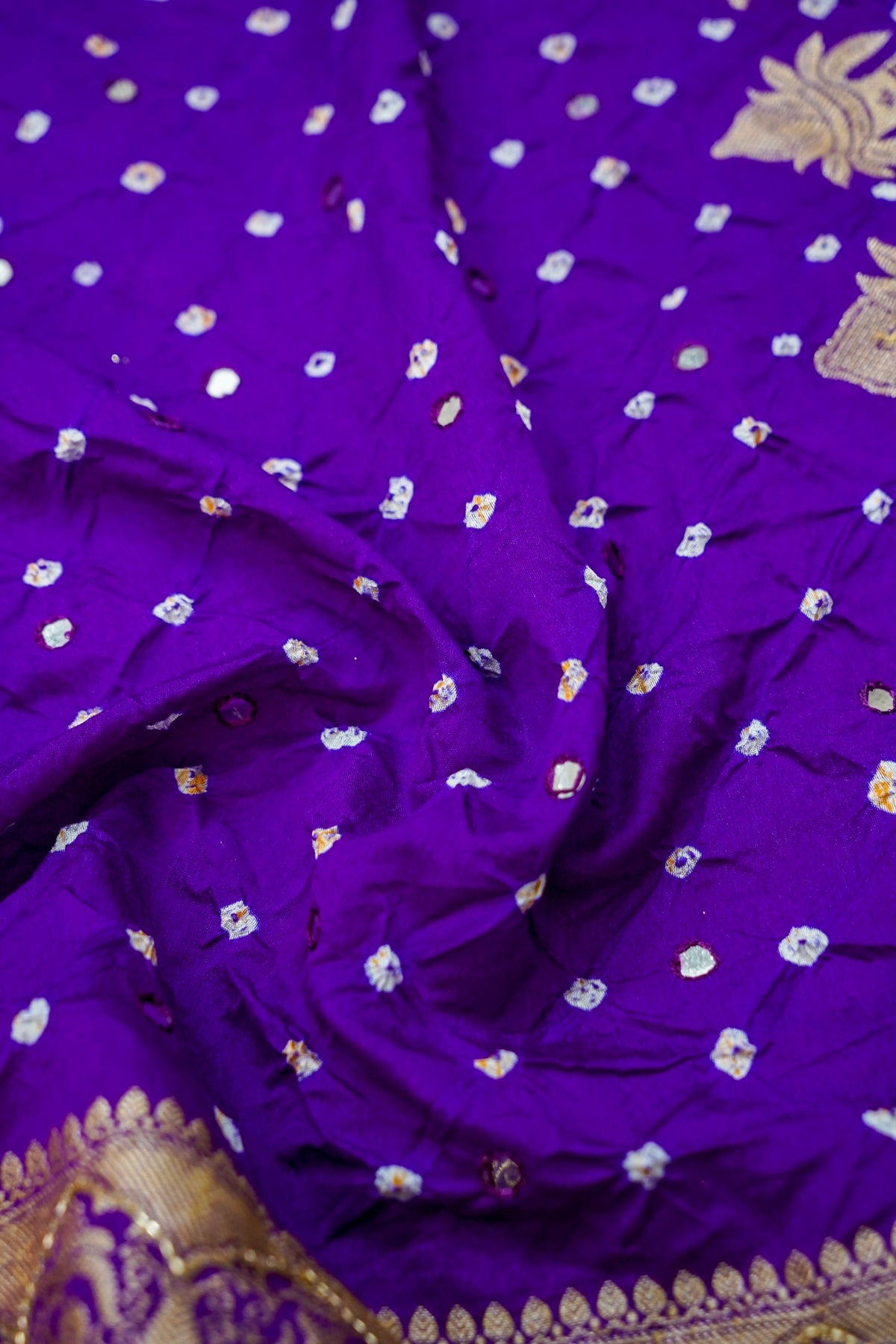 Kalash - Royal Purple Bandhani Dupion Silk Saree with Fringe Border