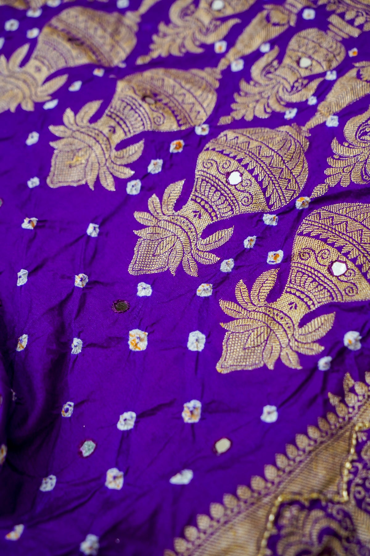 Kalash - Royal Purple Bandhani Dupion Silk Saree with Fringe Border