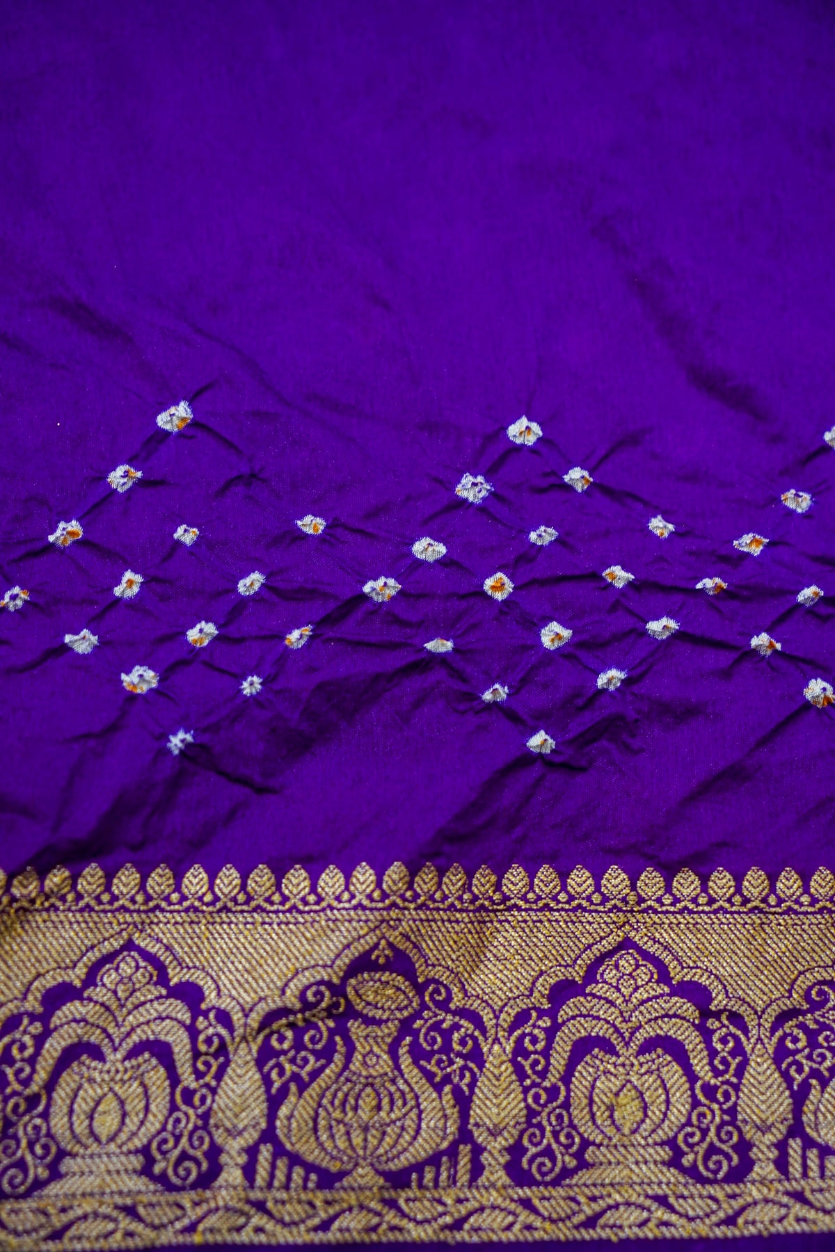 Kalash - Royal Purple Bandhani Dupion Silk Saree with Fringe Border