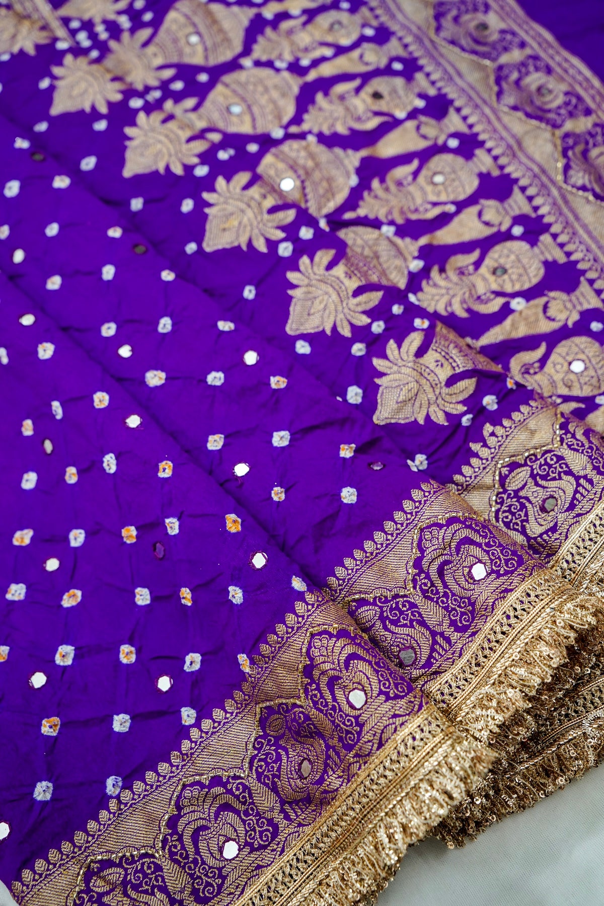 Kalash - Royal Purple Bandhani Dupion Silk Saree with Fringe Border