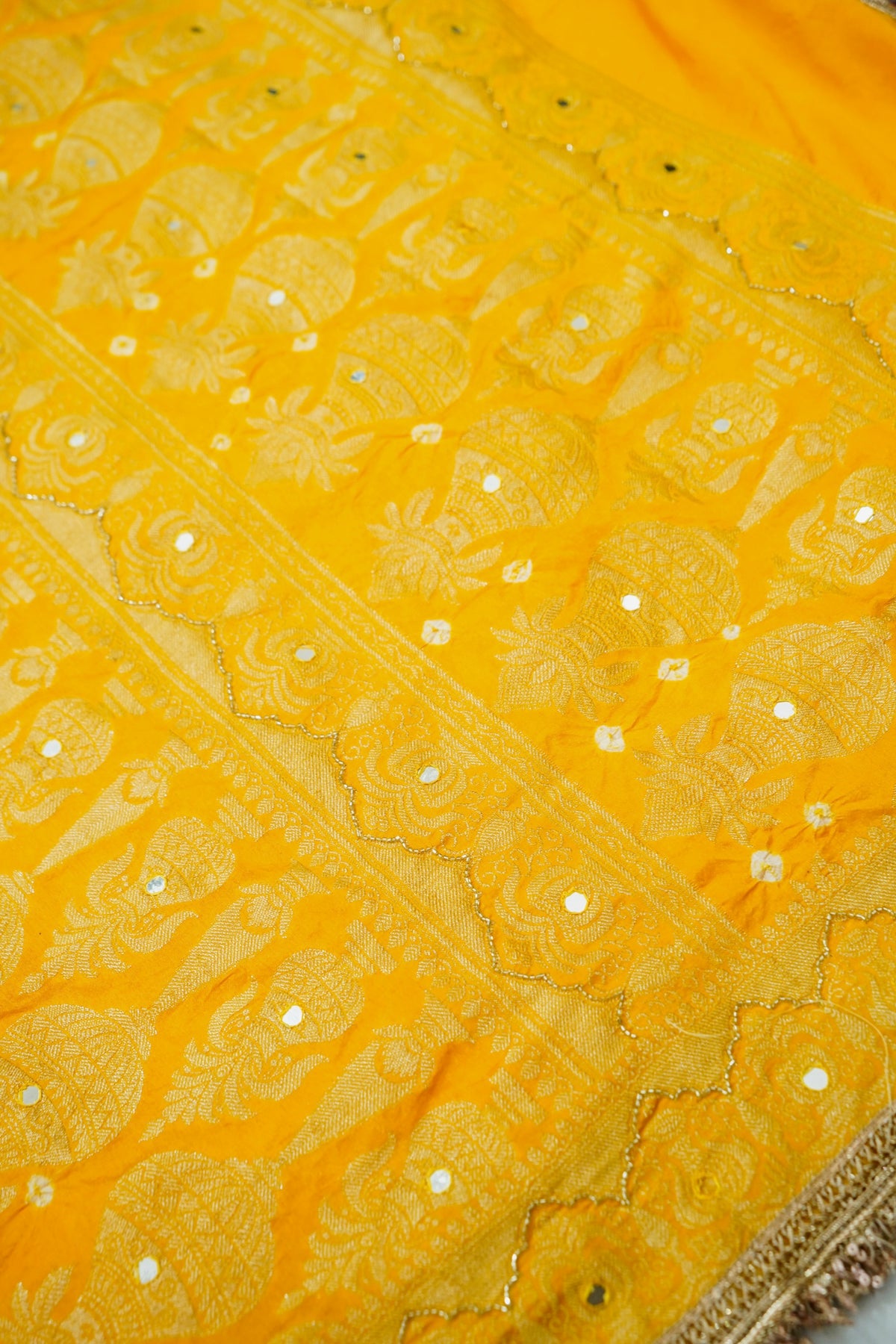 Kalash - Sunshine Yellow Bandhani Dupion Silk Saree with Fringe Border