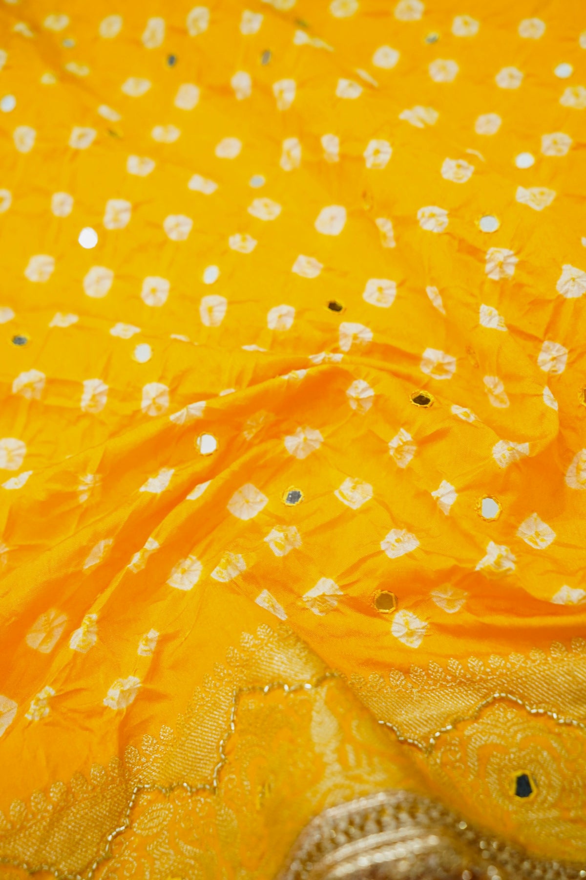 Kalash - Sunshine Yellow Bandhani Dupion Silk Saree with Fringe Border