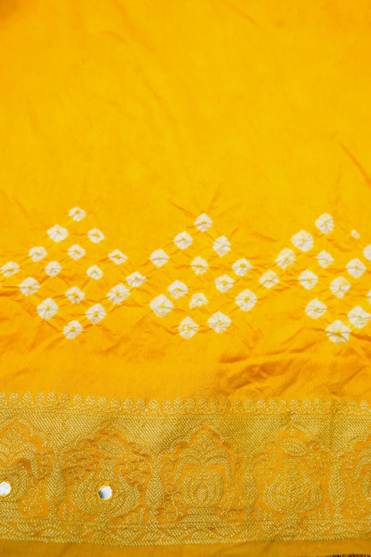 Kalash - Sunshine Yellow Bandhani Dupion Silk Saree with Fringe Border