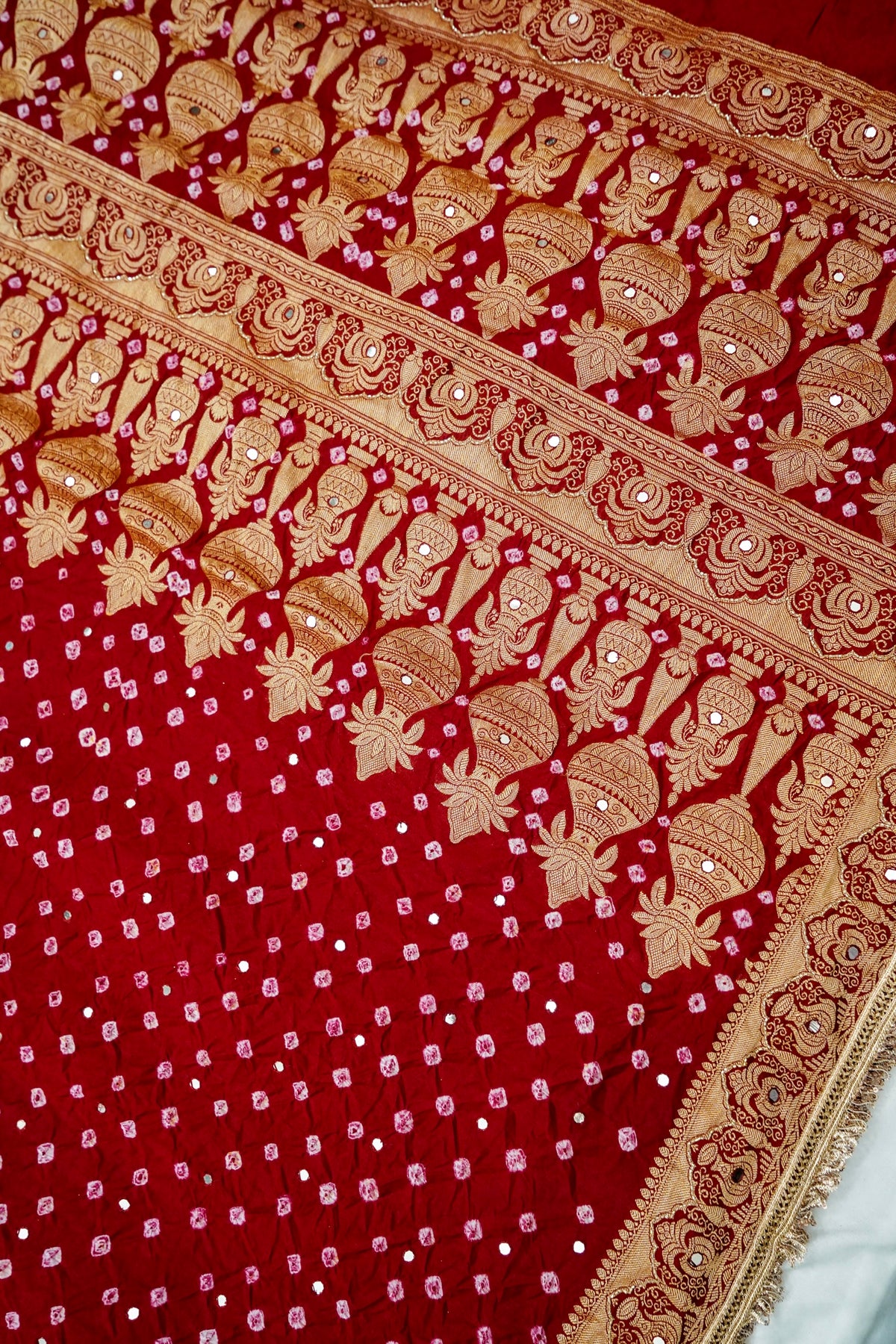 Kalash - Crimson Red Bandhani Dupion Silk Saree with Fringe Border