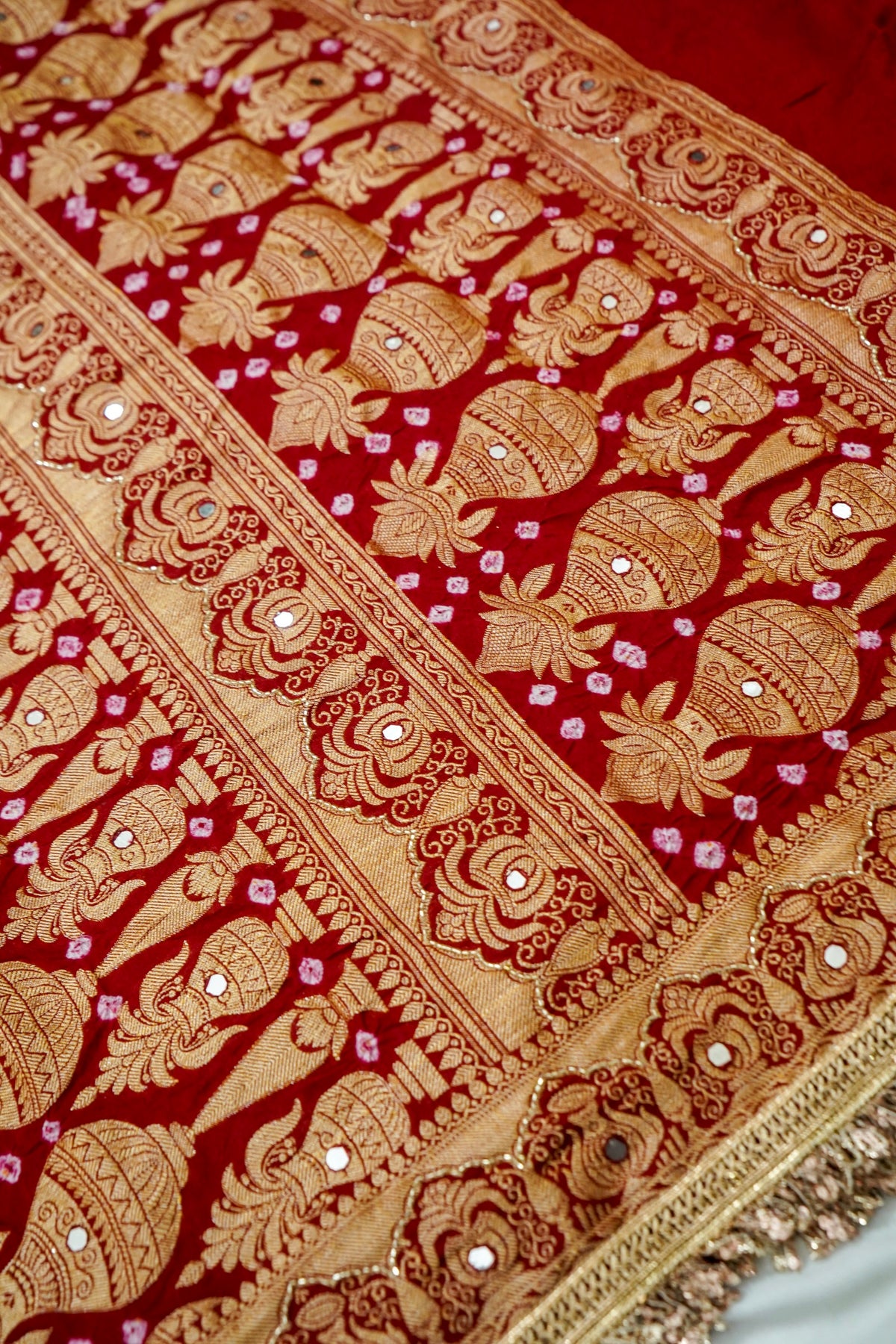 Kalash - Crimson Red Bandhani Dupion Silk Saree with Fringe Border