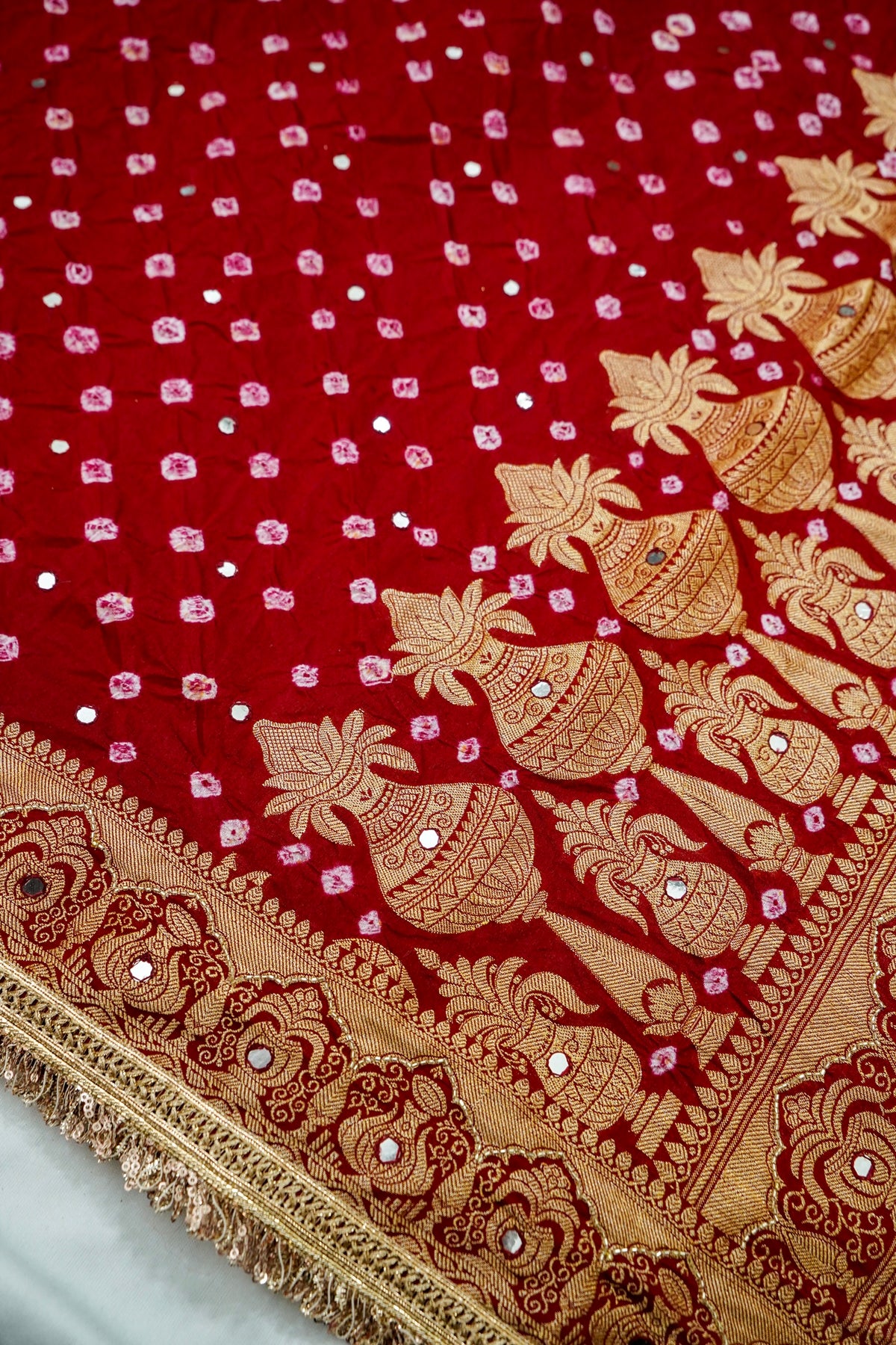 Kalash - Crimson Red Bandhani Dupion Silk Saree with Fringe Border