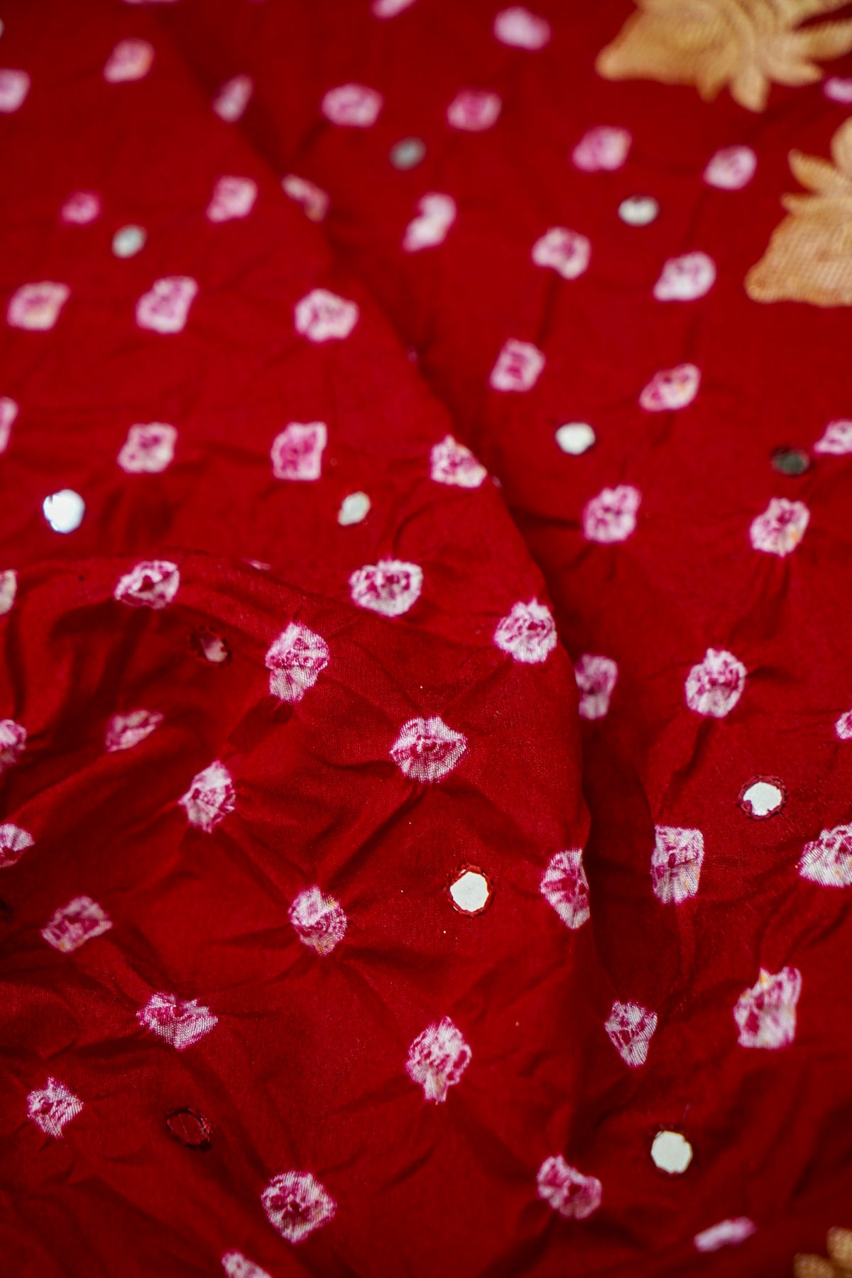 Kalash - Crimson Red Bandhani Dupion Silk Saree with Fringe Border