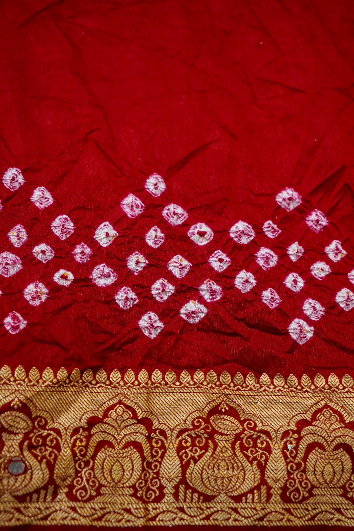 Kalash - Crimson Red Bandhani Dupion Silk Saree with Fringe Border