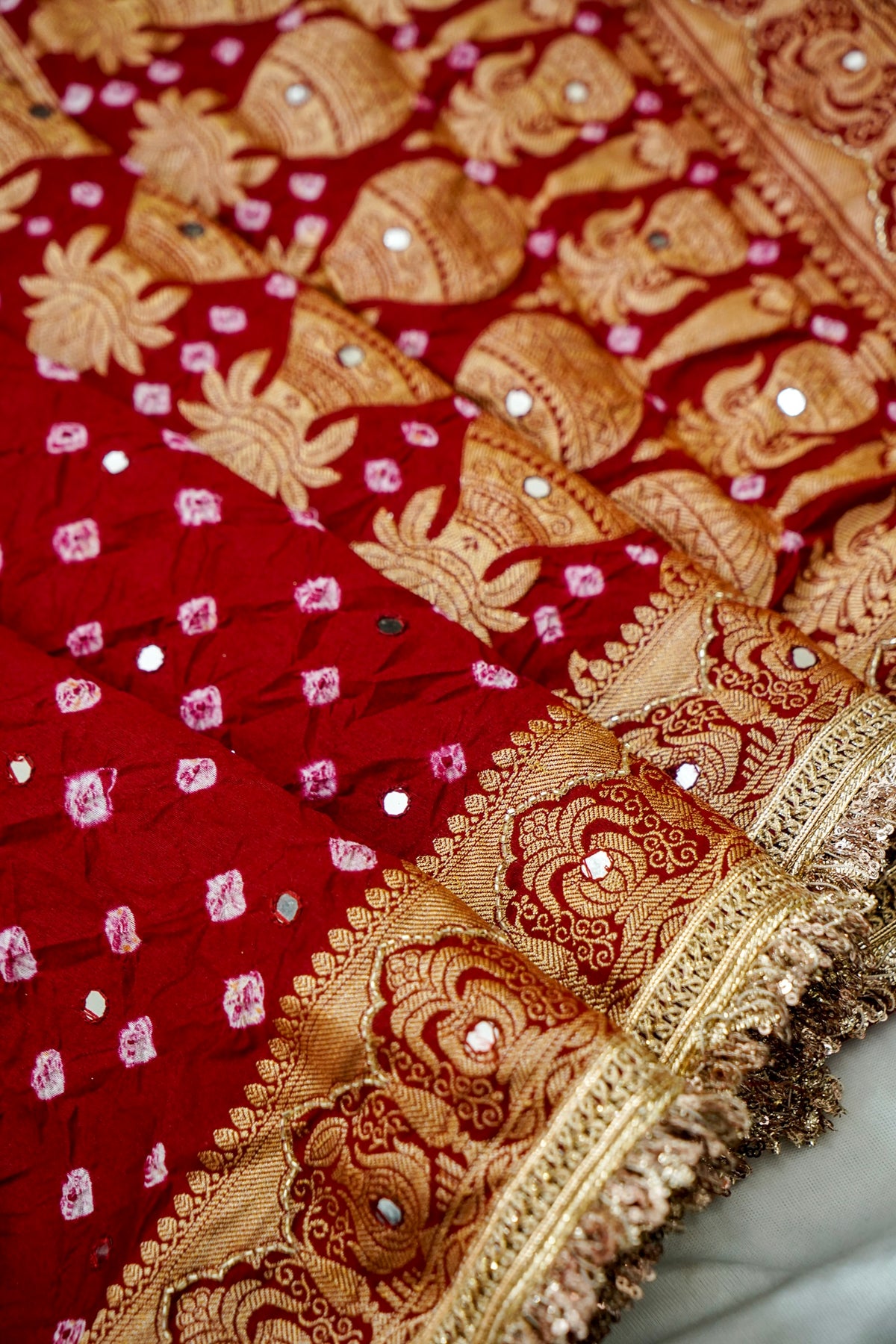 Kalash - Crimson Red Bandhani Dupion Silk Saree with Fringe Border