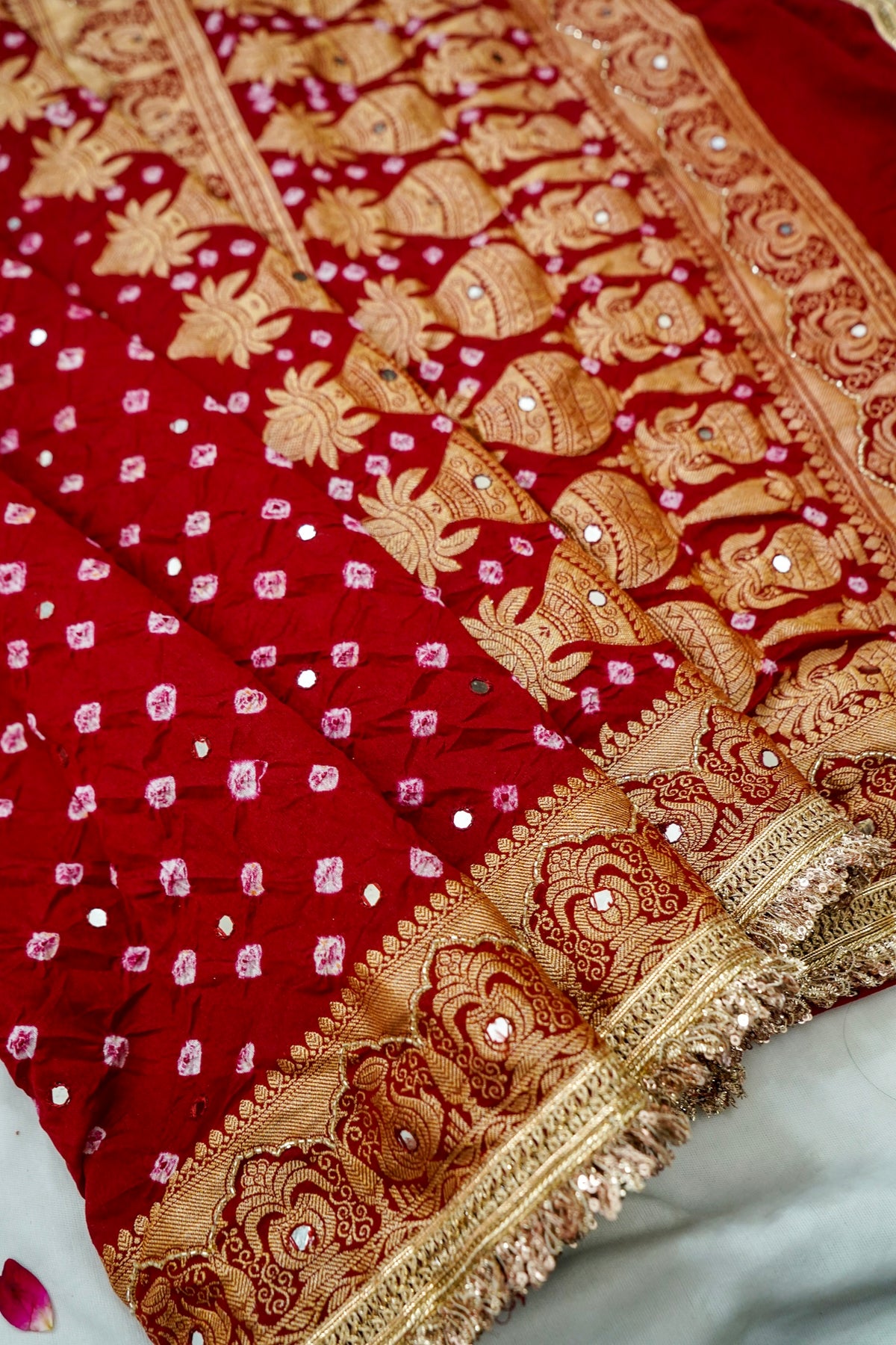 Kalash - Crimson Red Bandhani Dupion Silk Saree with Fringe Border