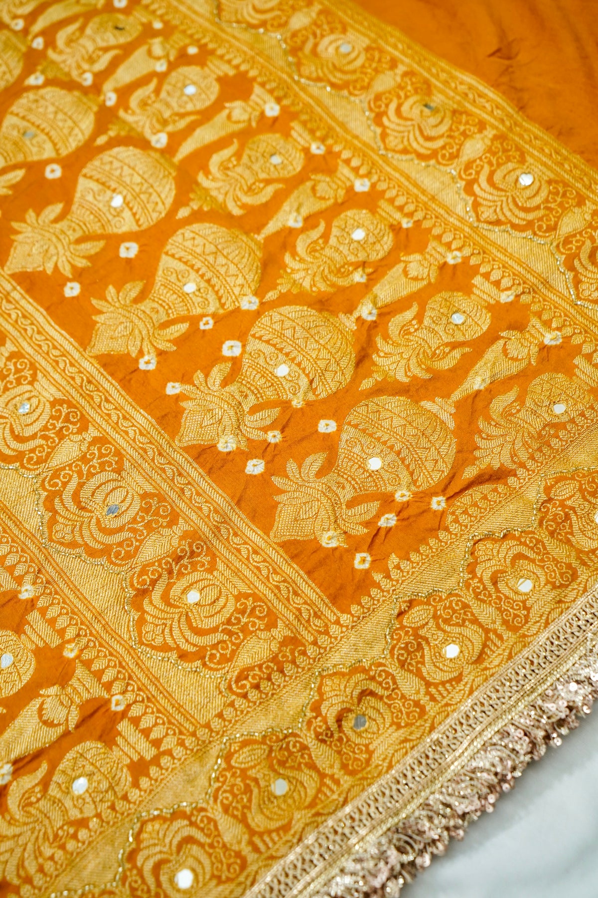 Kalash - Marigold Orange Bandhani Dupion Silk Saree with Fringe Border
