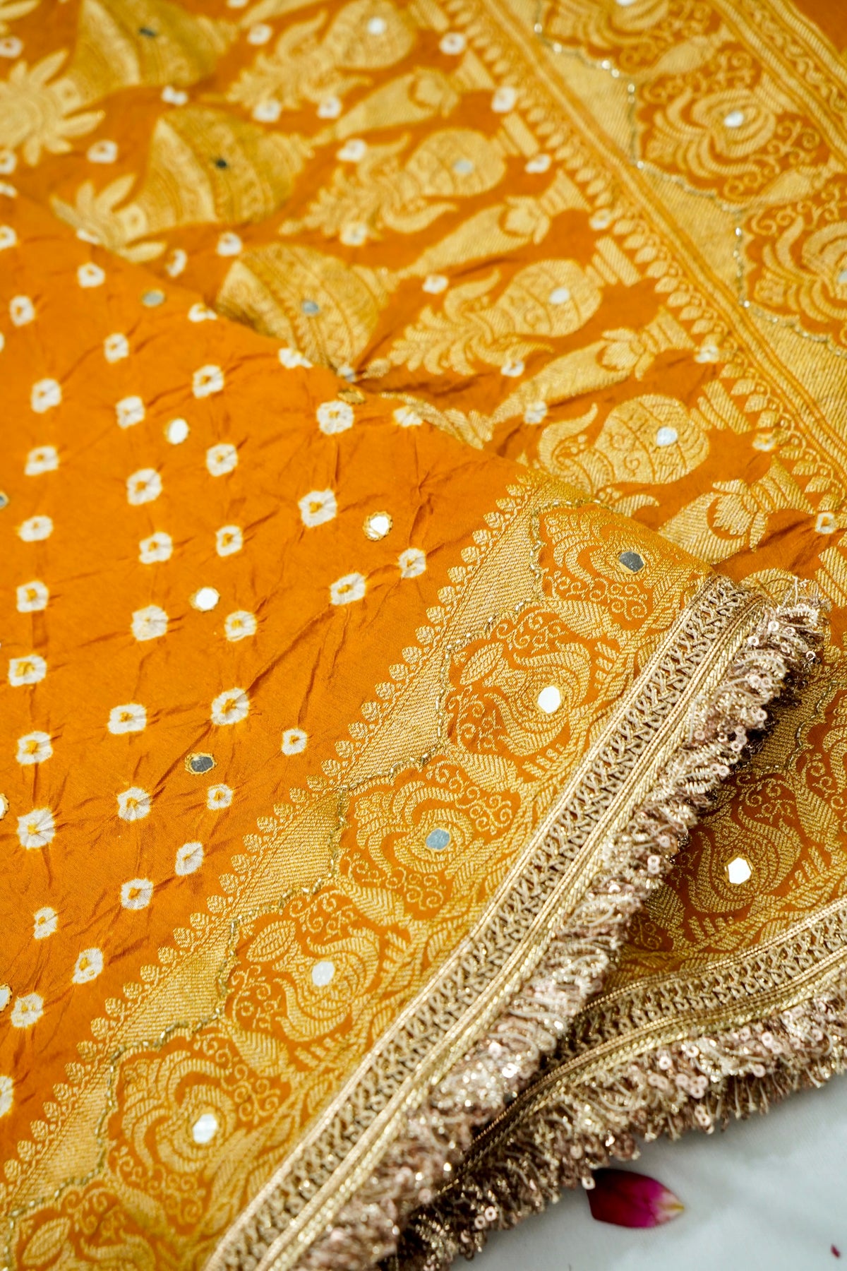 Kalash - Marigold Orange Bandhani Dupion Silk Saree with Fringe Border