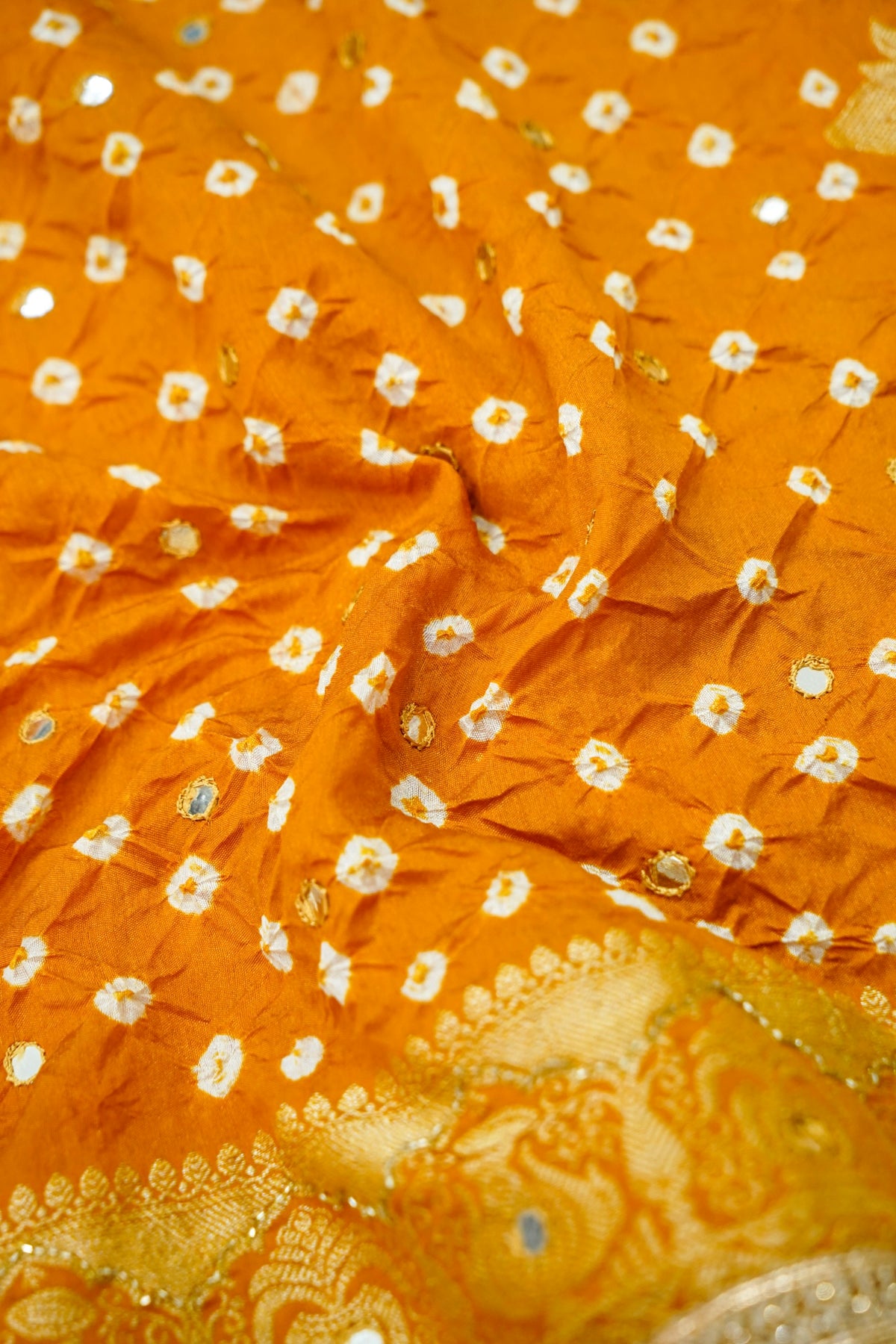 Kalash - Marigold Orange Bandhani Dupion Silk Saree with Fringe Border