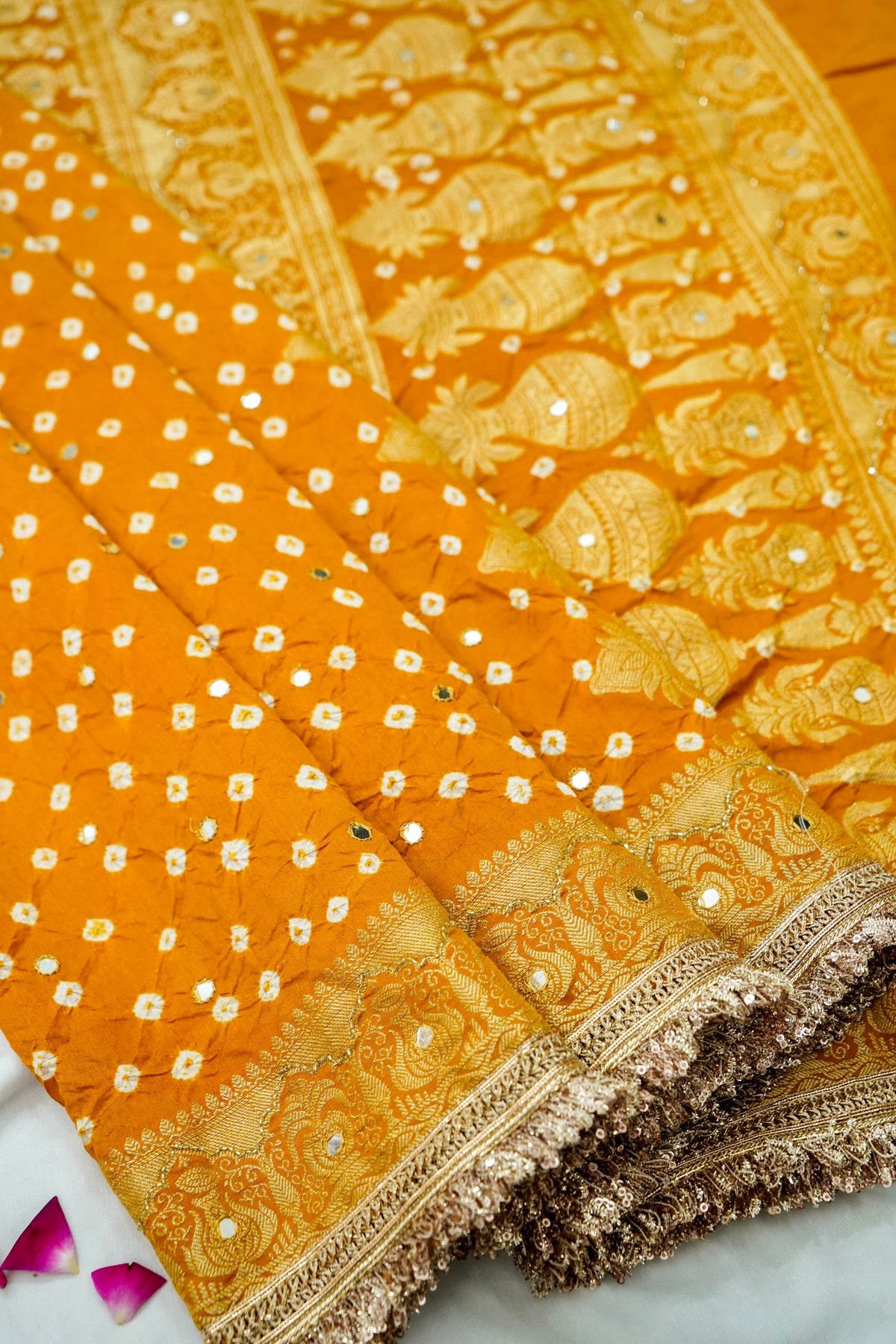 Kalash - Marigold Orange Bandhani Dupion Silk Saree with Fringe Border