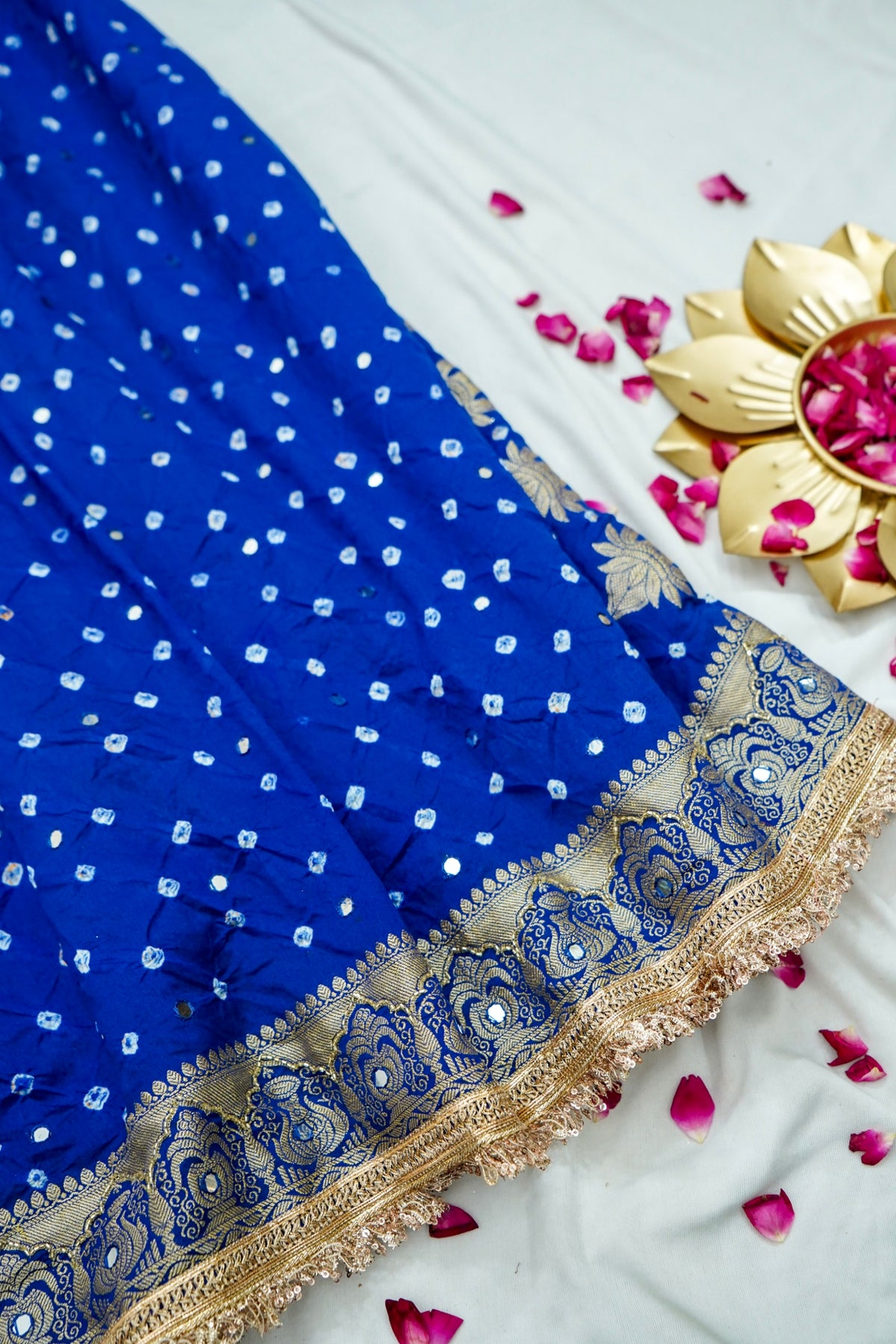 Kalash - Cobalt Blue Bandhani Dupion Silk Saree with Fringe Border
