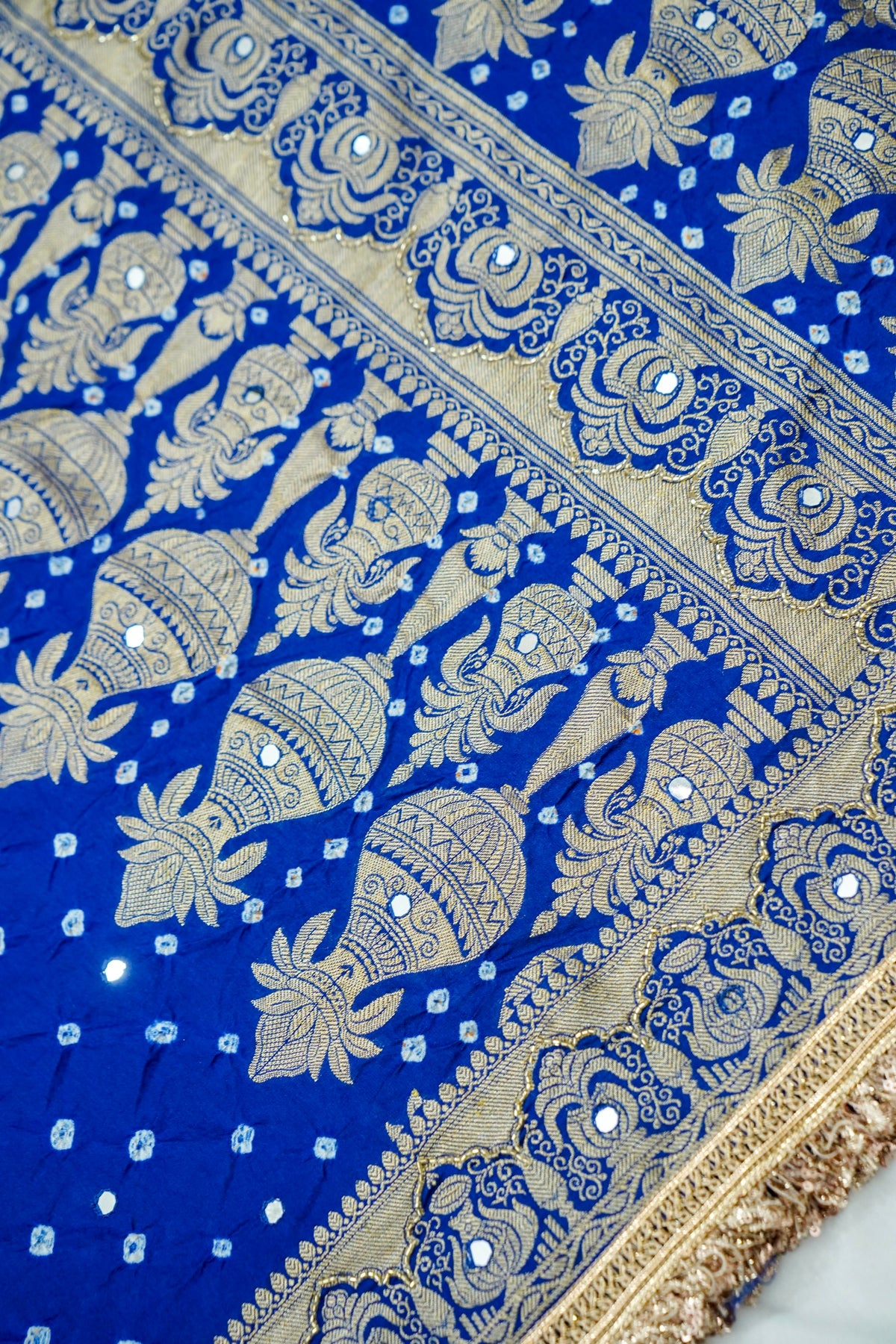 Kalash - Cobalt Blue Bandhani Dupion Silk Saree with Fringe Border