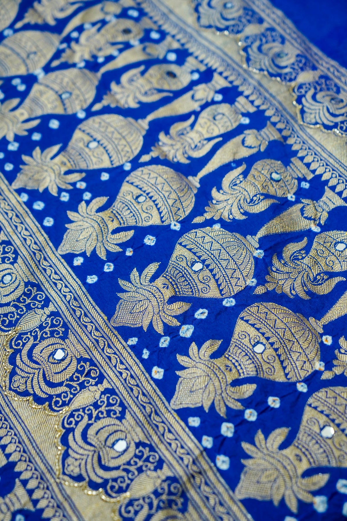 Kalash - Cobalt Blue Bandhani Dupion Silk Saree with Fringe Border