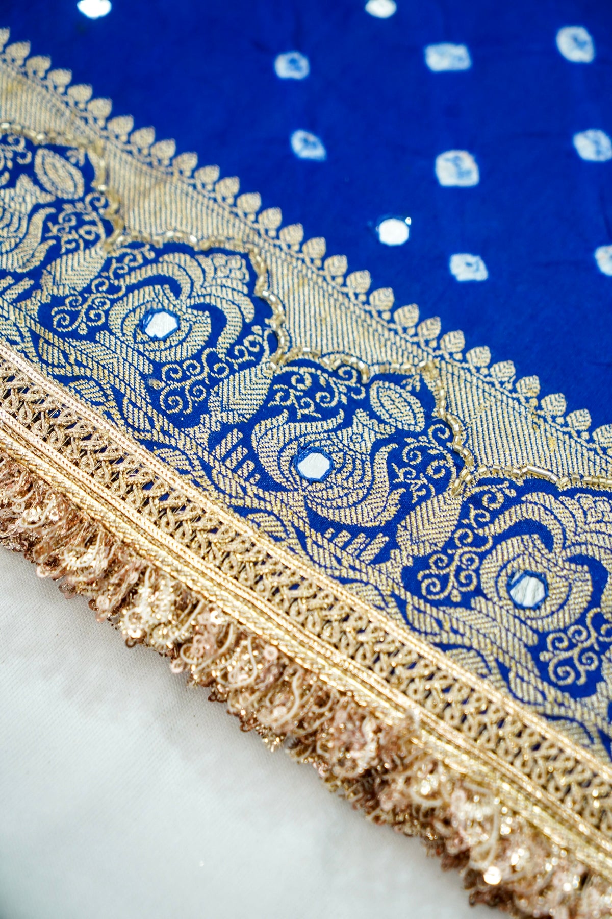 Kalash - Cobalt Blue Bandhani Dupion Silk Saree with Fringe Border