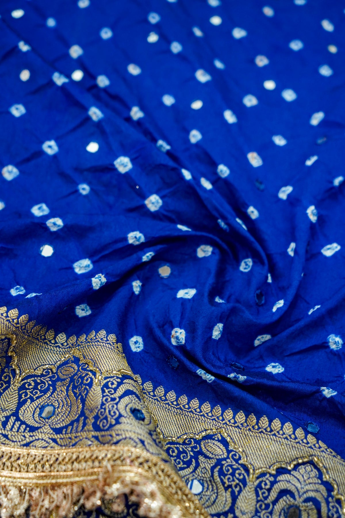 Kalash - Cobalt Blue Bandhani Dupion Silk Saree with Fringe Border