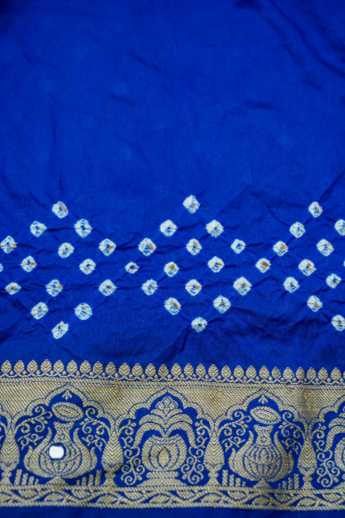 Kalash - Cobalt Blue Bandhani Dupion Silk Saree with Fringe Border