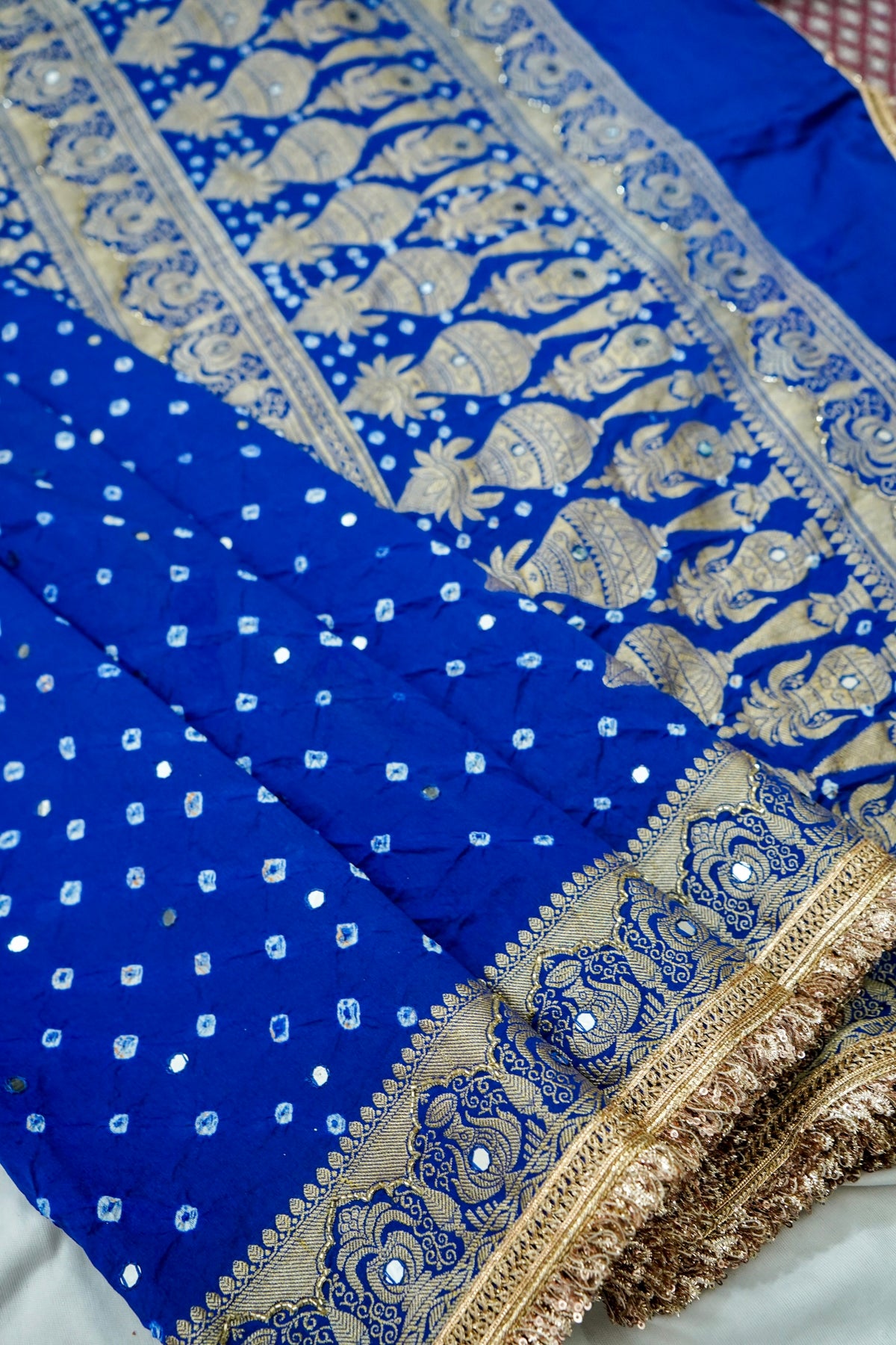 Kalash - Cobalt Blue Bandhani Dupion Silk Saree with Fringe Border