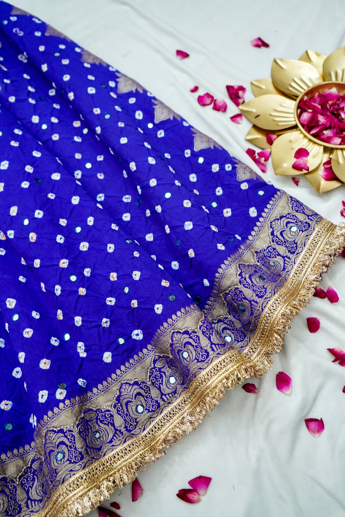 Kalash - Royal Blue Bandhani Dupion Silk Saree with Fringe Border